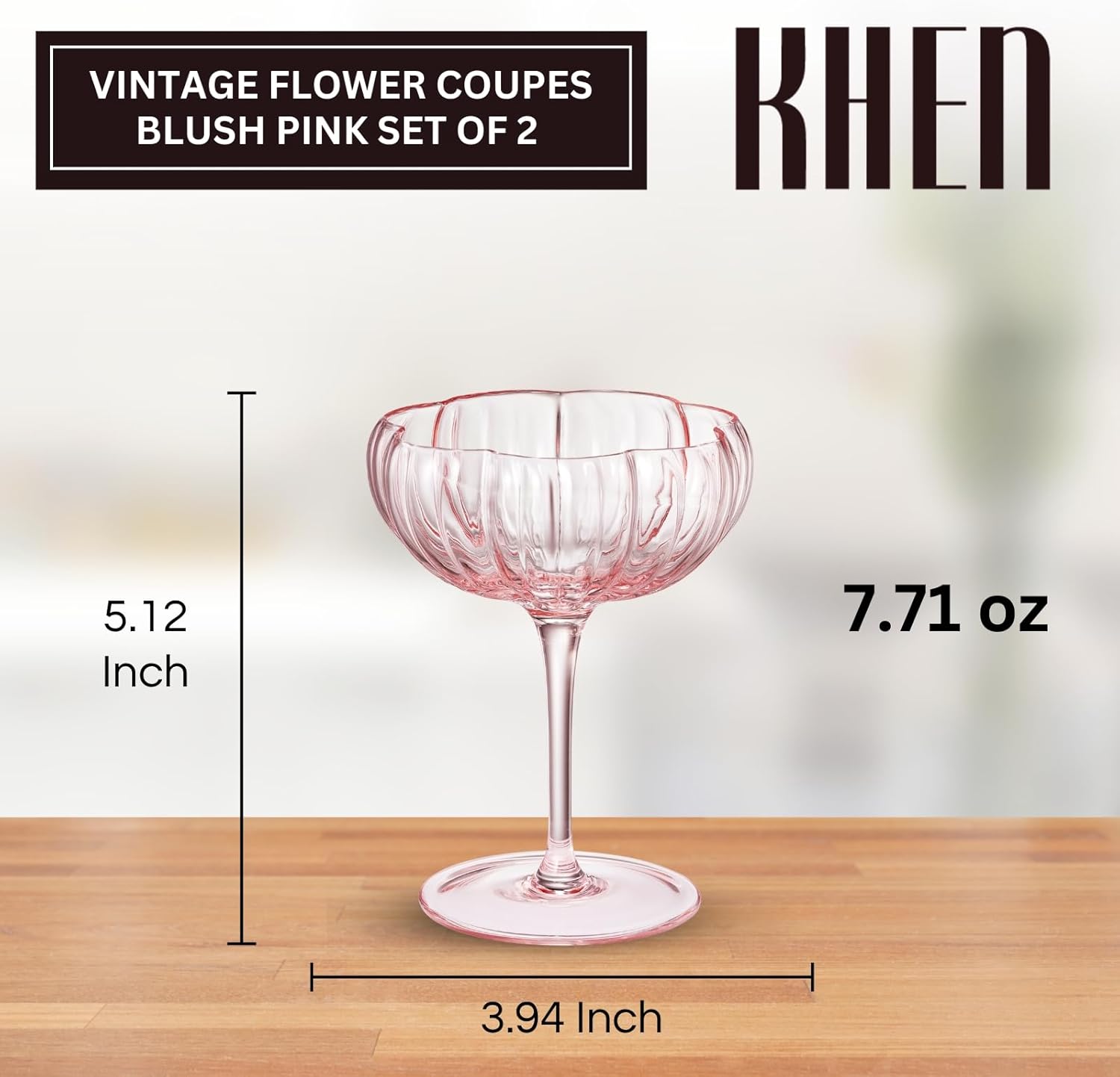 Khen Flower Modern Wavy Glass Coupes Martini, Champagne & Cocktail Coupes - Set of 2-7.7oz Colorful Cocktail Glasses & Prosecco, Mimosa Glassware Copyright Design - Blush Pink