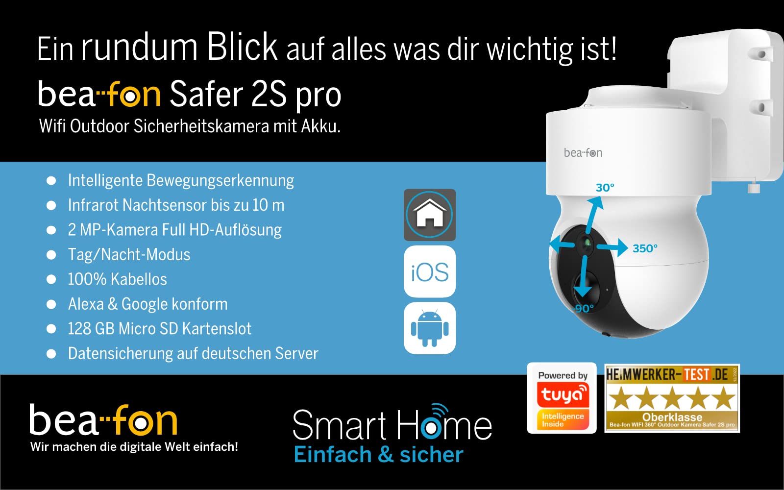 Beafon Smart Home Safer 3S Pro - Telecamera Esterna WiFi 2.4G, Batteria 9600 MAh, IP65, Bianca