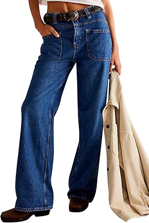 Acrawnni Womens Y2K Wide Leg Baggy Jeans High Waist Stretchy Straight Leg Cuffed Denim Pants Vintage Loose Boyfriends Trousers with Pockets