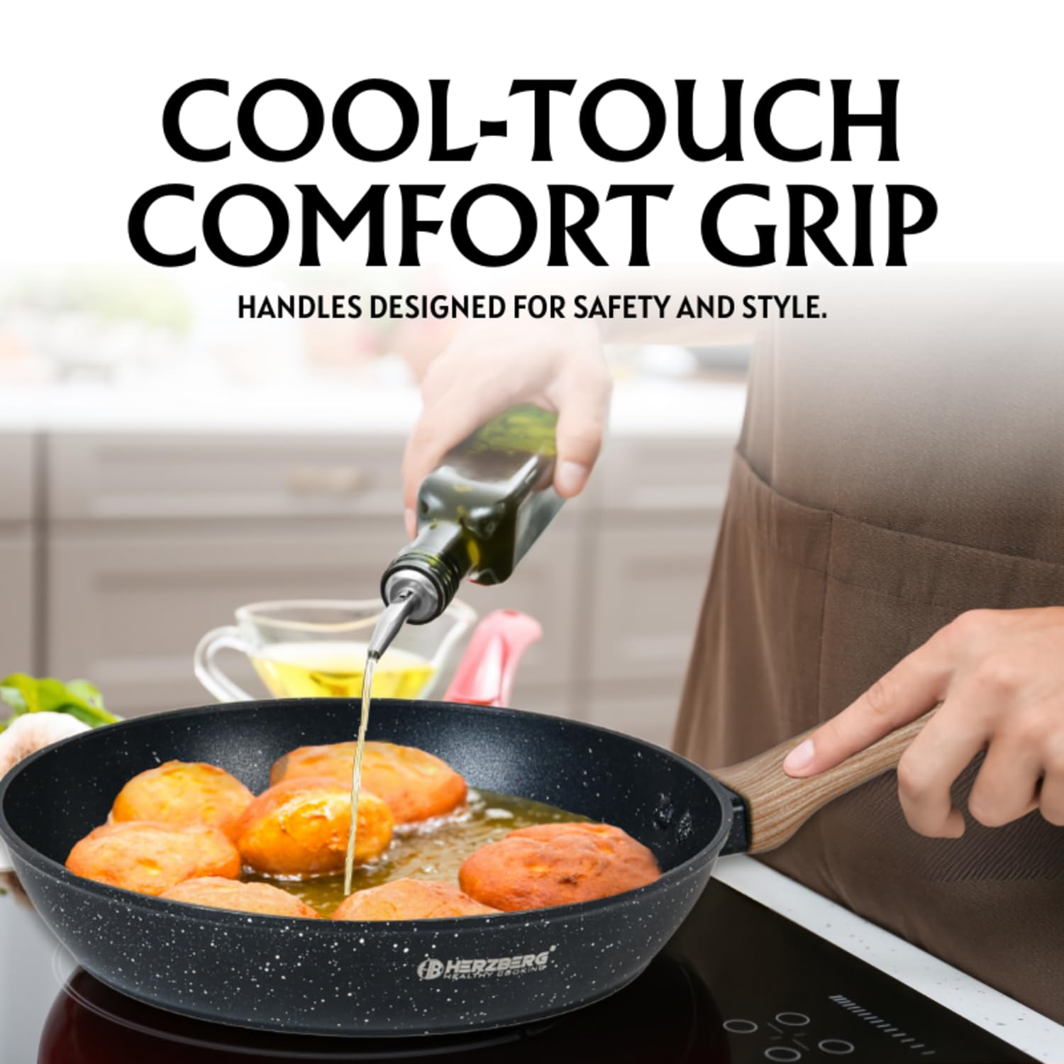 Herzberg - Batería de Cocina 14 Piezas, Revestimiento Granito, Aluminio Forjado, Mangos de Madera, Compatible Inducción, Tapas de Vidrio, Utensilios Incluidos, Negro
