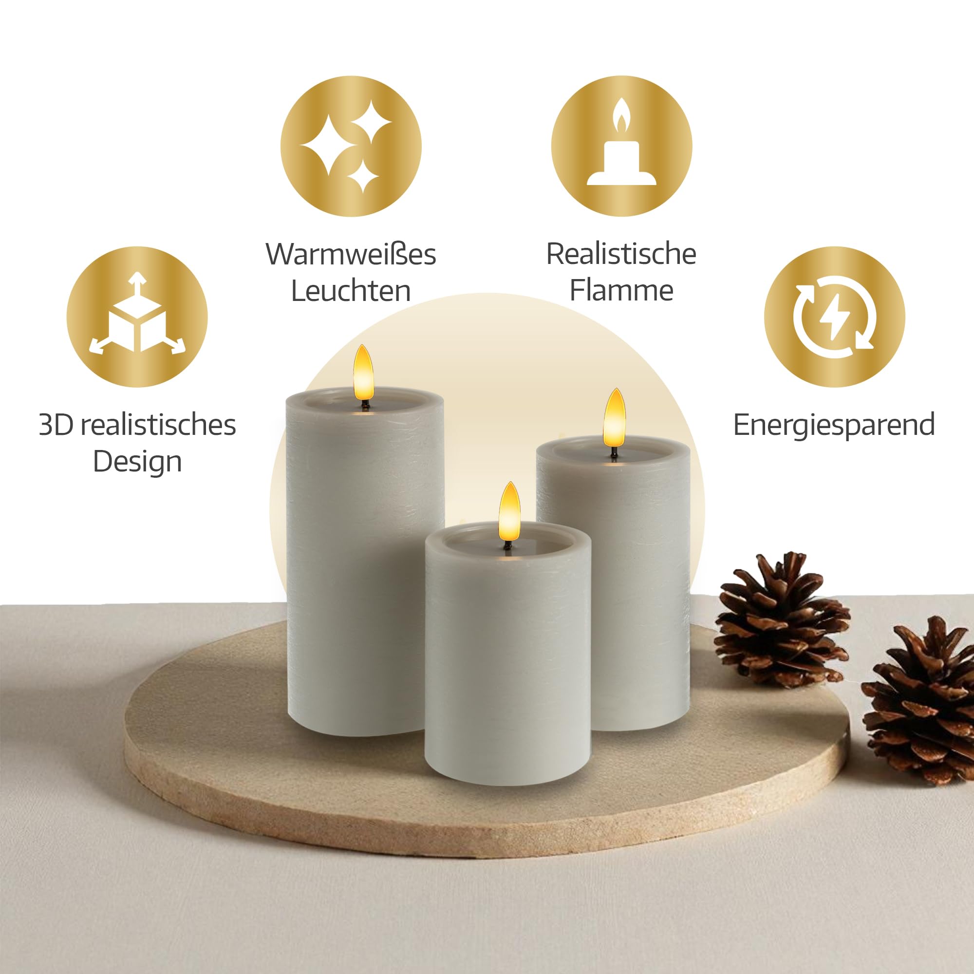 Meisterhome Juego de 3 velas LED grises, sin llama, con llama parpadeante, diseño rústico, con mando a distancia y temporizador, funciona con pilas, blanco cálido, 10/12,5/15 cm de alto