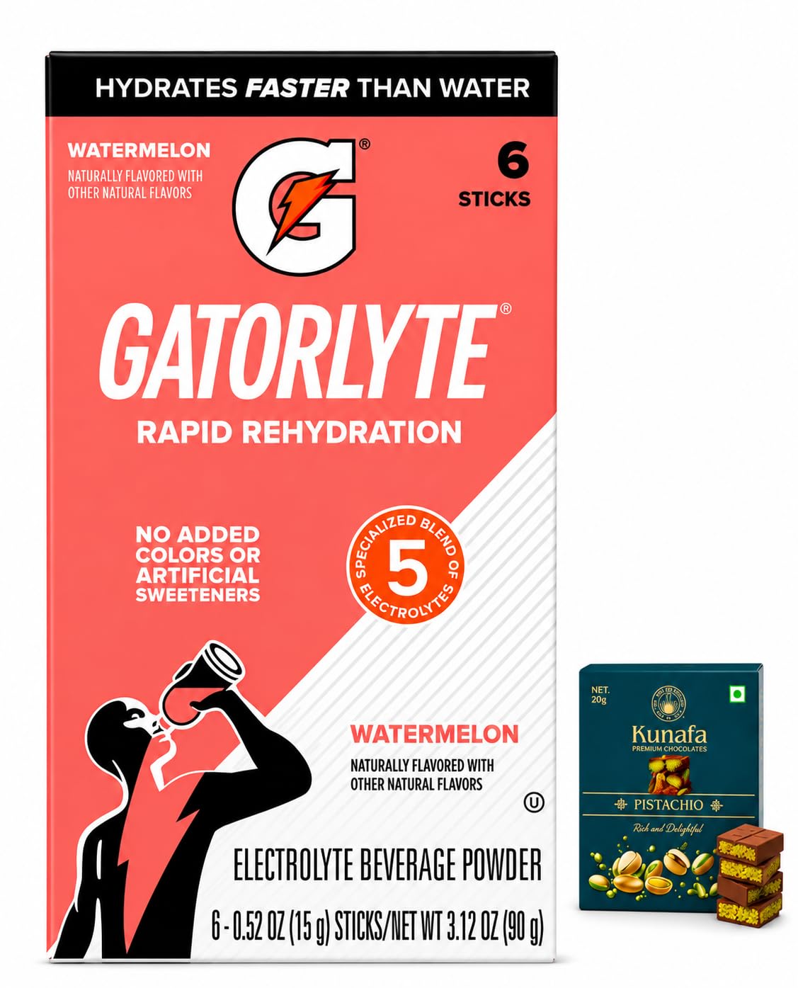 Gatorlyte's Rapid Rehydration Electrolyte Powder, Watermelon, 6 Sticks 90g With Free Flavourito Kunafa Pistachio Chocolate Bar, 20g By Decadent Foods (Imported USA)-image-16