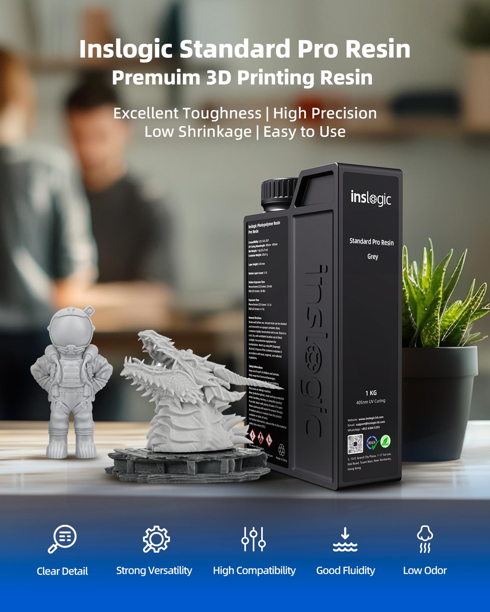 Inslogic Żywica do drukarki 3D, Standard Pro Resin 405nm UV-Curing 3D Resin do druku LCD/DLP/SLA 3D, wysoka precyzja, niski skurcz i szybkie utwardzanie (ciemnoszary, 1kg)