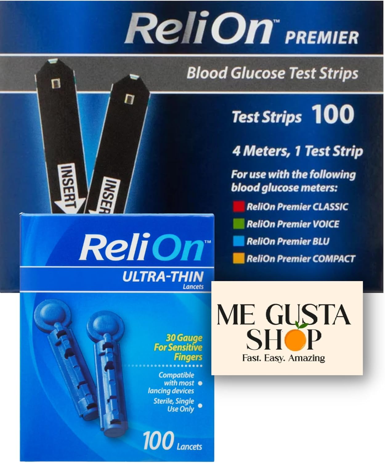 ReliOn Premier Blood Glucose Test Strips 100Count with Ultra-Thin Blood Lancets, 100 Count, 100 Count + me Gusta Sticker