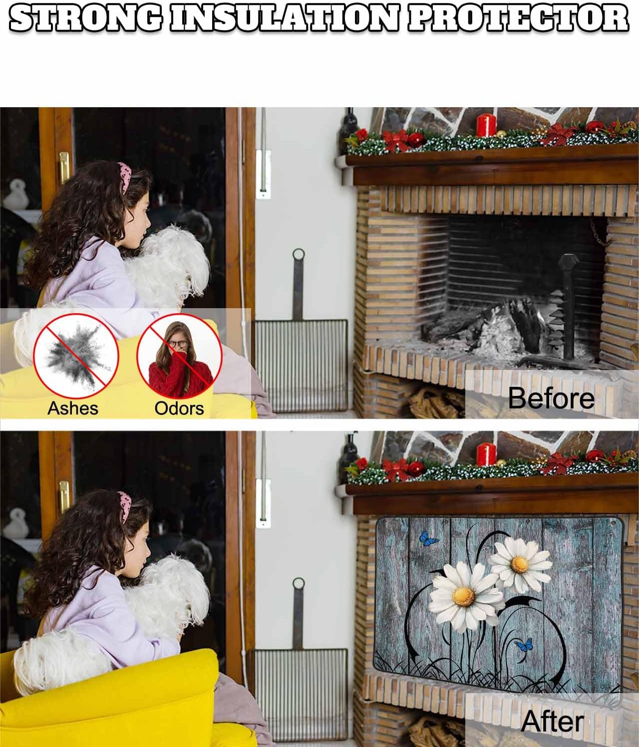 Magnetic Fireplace Cover Rustic Daisy Fireplace Screen Decorative Yellow Sunflower Blue Wood Grain Insulation Fireplaces Blocker Save Energy Fireplaces Draft Stopper Covers for Living Room 39x32