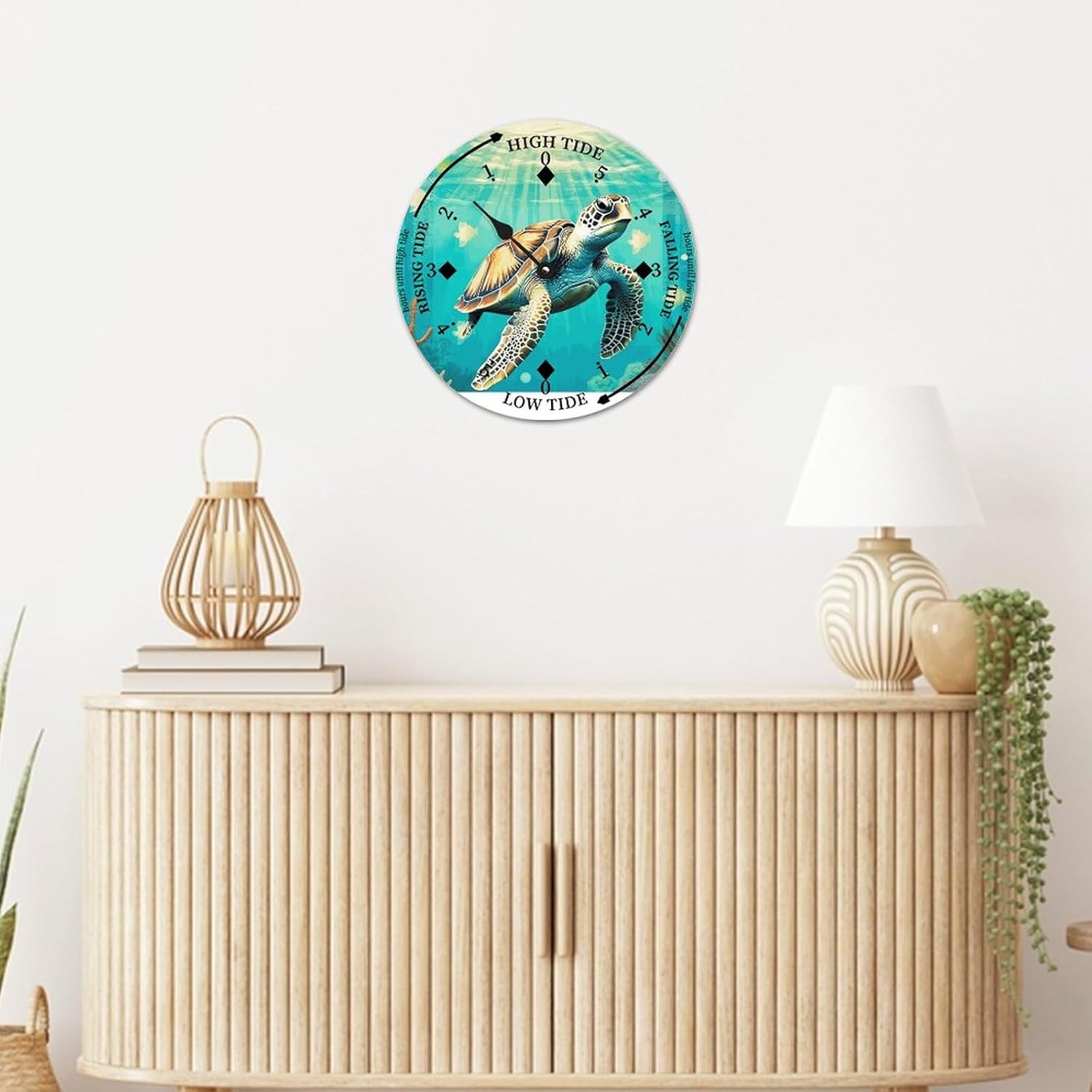 Cheyan Vintage Beach Time Tide Clock - Sea Turtle Tidal Clock Moon Clock Silent Non-Ticking Battery Operated Wooden Wall Clock for Cottage Beach Boat Living Room Bedroom Home Decor 12x12 in, Style-1