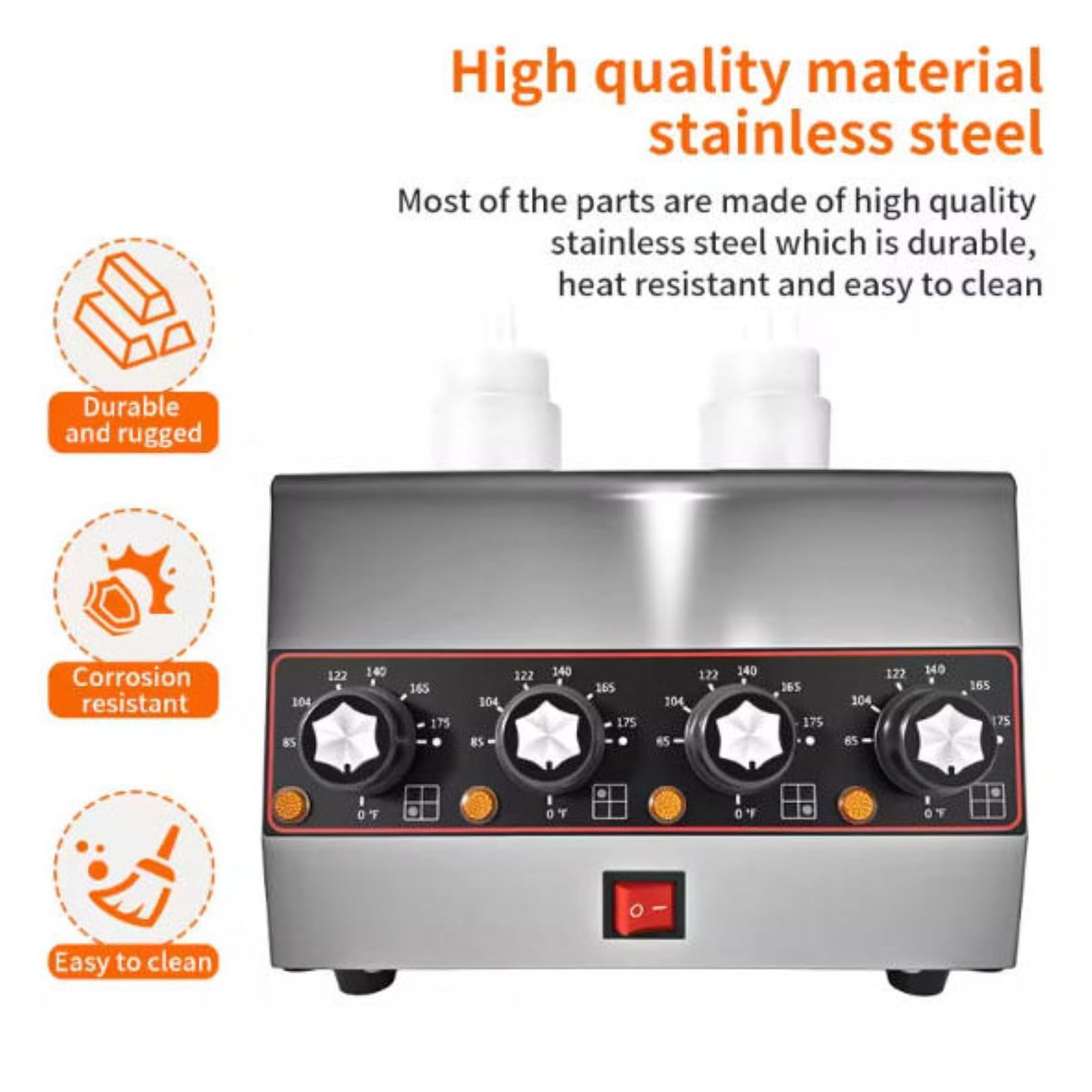 Dispensador Comercial de Calentador de Salsas, Calentador de Mostrador de Acero Inoxidable de 640W con 4 Botellas Exprimibles de 650Ml para Queso Nacho, Fudge Caliente y Salsa