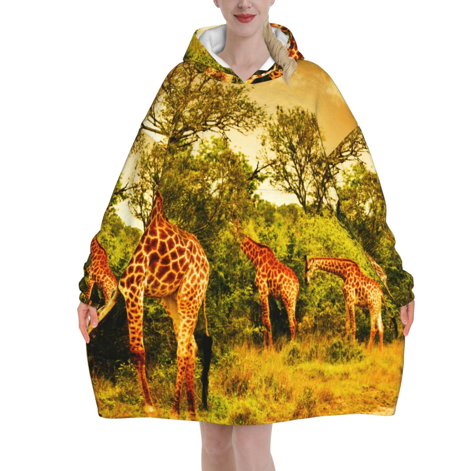 Wild Giraffe,Women's Oversized Wearable Blanket Hoodie, Blanket Sweatshirt,Flannel Pullover Blanket