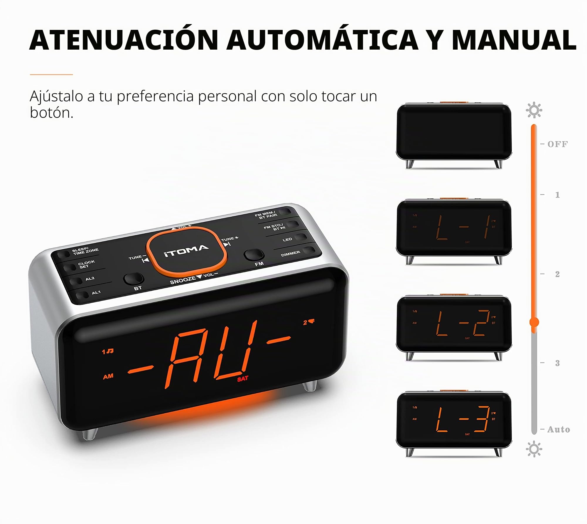 iTOMA Despertador de Radio con Control de aplicación, Bluetooth, Radio FM, Dual en Cuatro Modos de Despertador, Siesta fácil, atenuador, luz Naranja Nocturna, Puerto Cargador USB 208