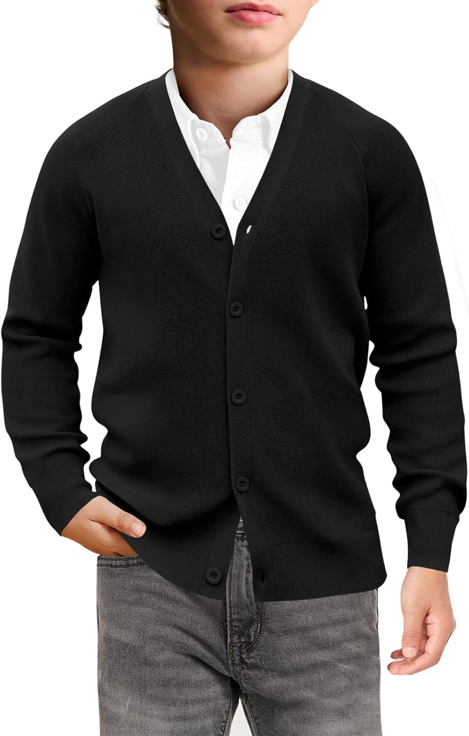 Haloumoning Boys Cardigan Sweater Kids Casual V Neck Button Down Uniform Sweaters 5-14 Years