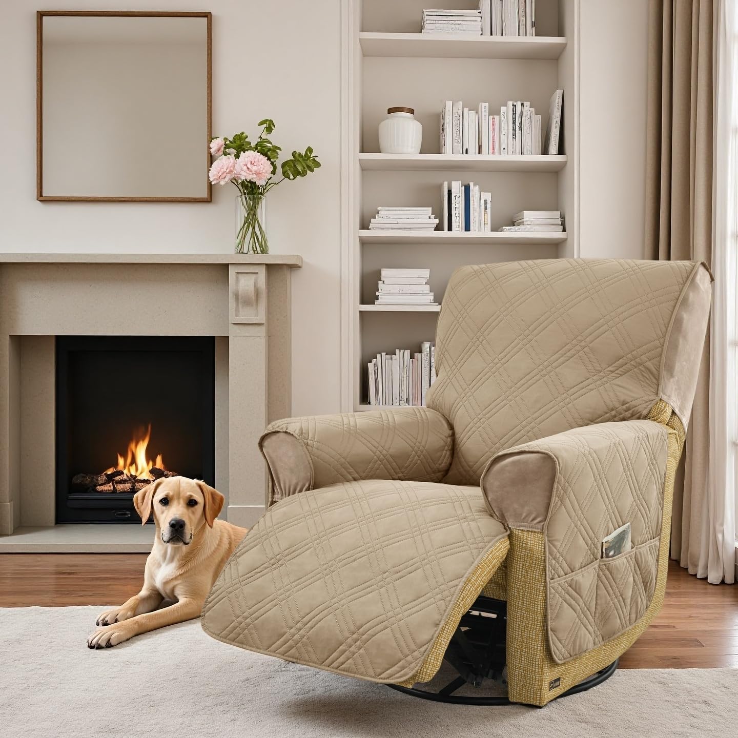100% Waterproof Recliner Chair Covers,1-Piece Couch Covers for Reclining Chair/Sofa Covers Washable Furniture Protector with Elastic Straps Pocket for Kids, Pets (Khaki)