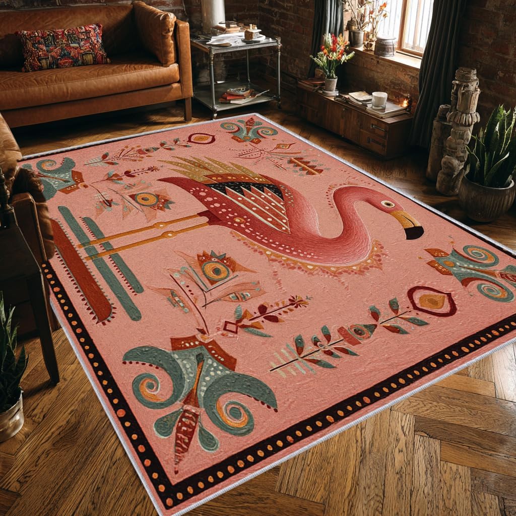 Flamingo Small Rug 2x3 Bohemian Tropical Animal Pattern, Washable Entryway Bedroom Kitchen Doormat, Flamingo Decor for Home, Soft Non Slip Indoor Door Mat, Low Pile Design & Q294