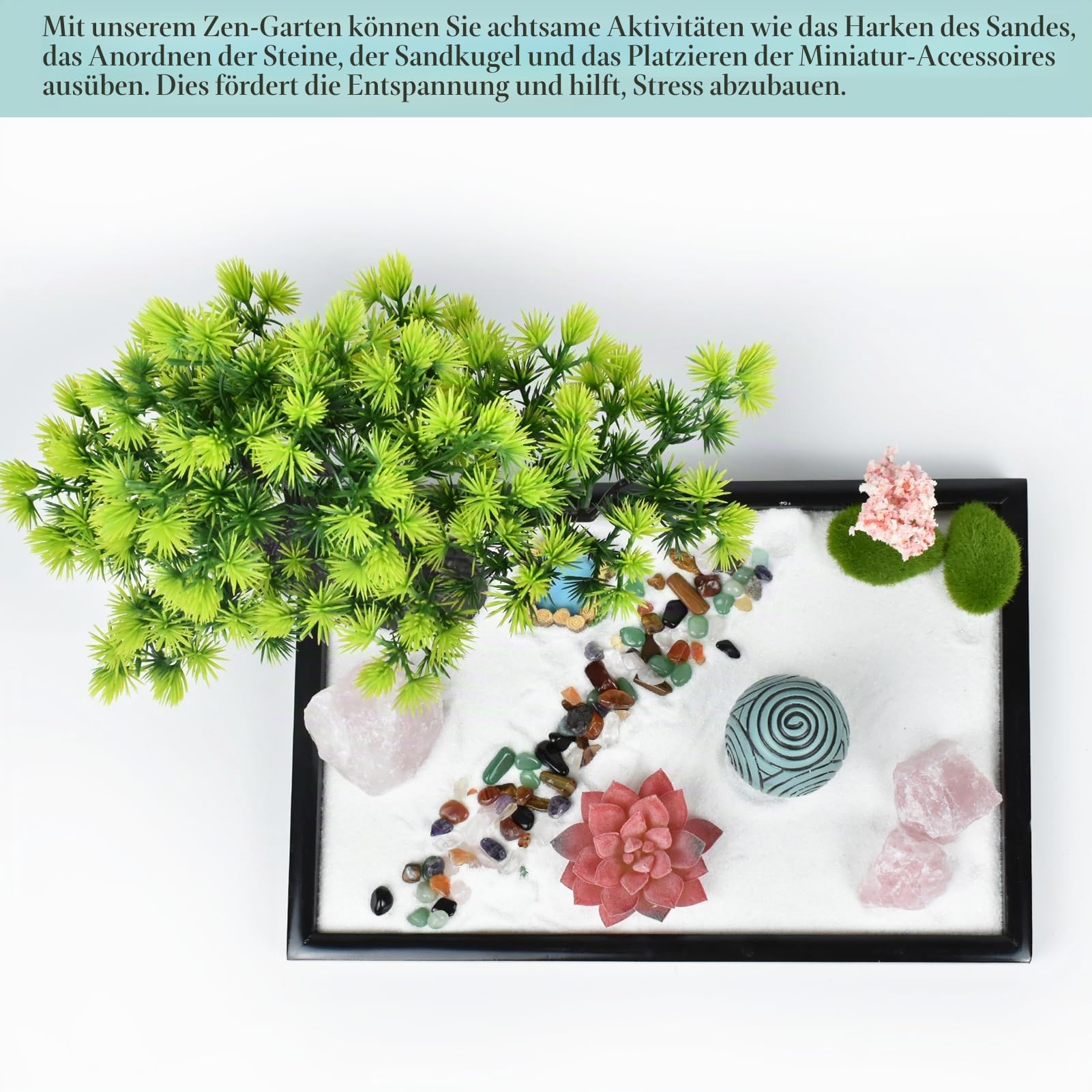 Artcome Japanischer Zen-Sandgarten für Schreibtisch, Zuhause, Büro, handgefertigtes rechteckiges Tablett für Meditationstherapie, achtsames Entspannungstraining