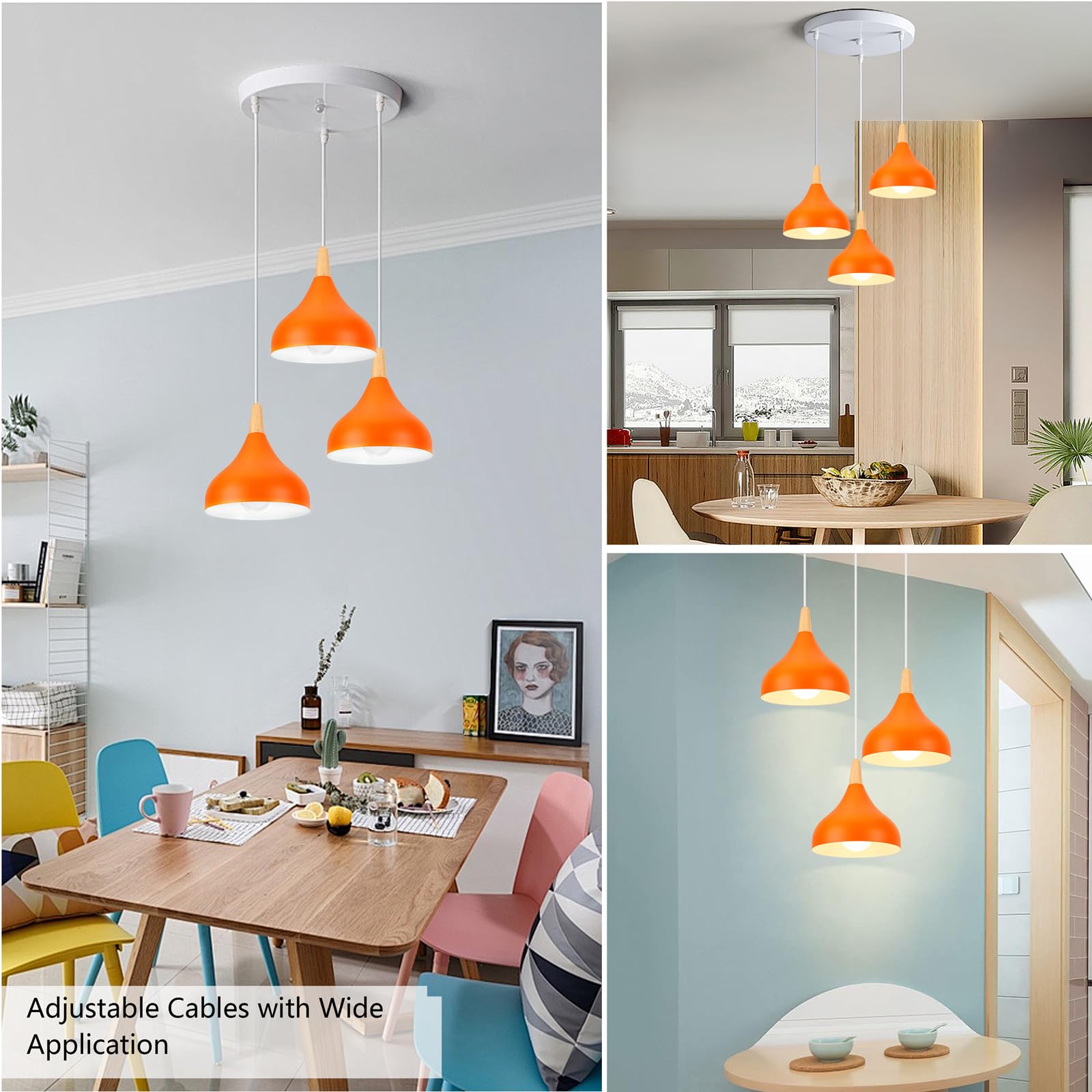 Lampadario A Sospensione LED 3 Luci Retrò In Legno E Metallo – Design Scandinavo A Goccia, Colore Blu Oxford, Per Sala Da Pranzo E Cucina