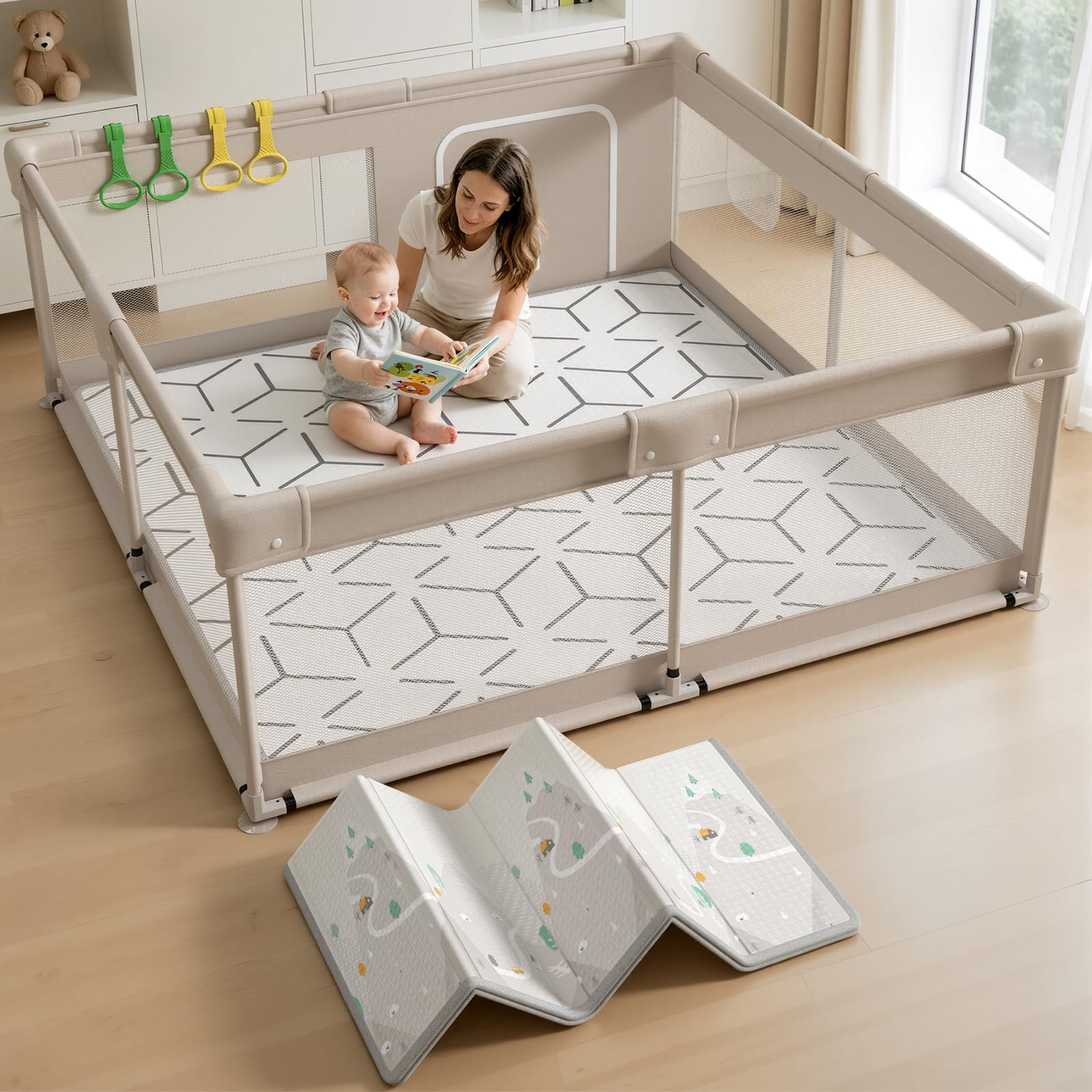 Lertantri Laufstall Baby mit Matratze 150x150cm - Laufgitter Baby mit Faltbar Krabbelmatte und 4 Griffen, Playpen mit Spielmatte