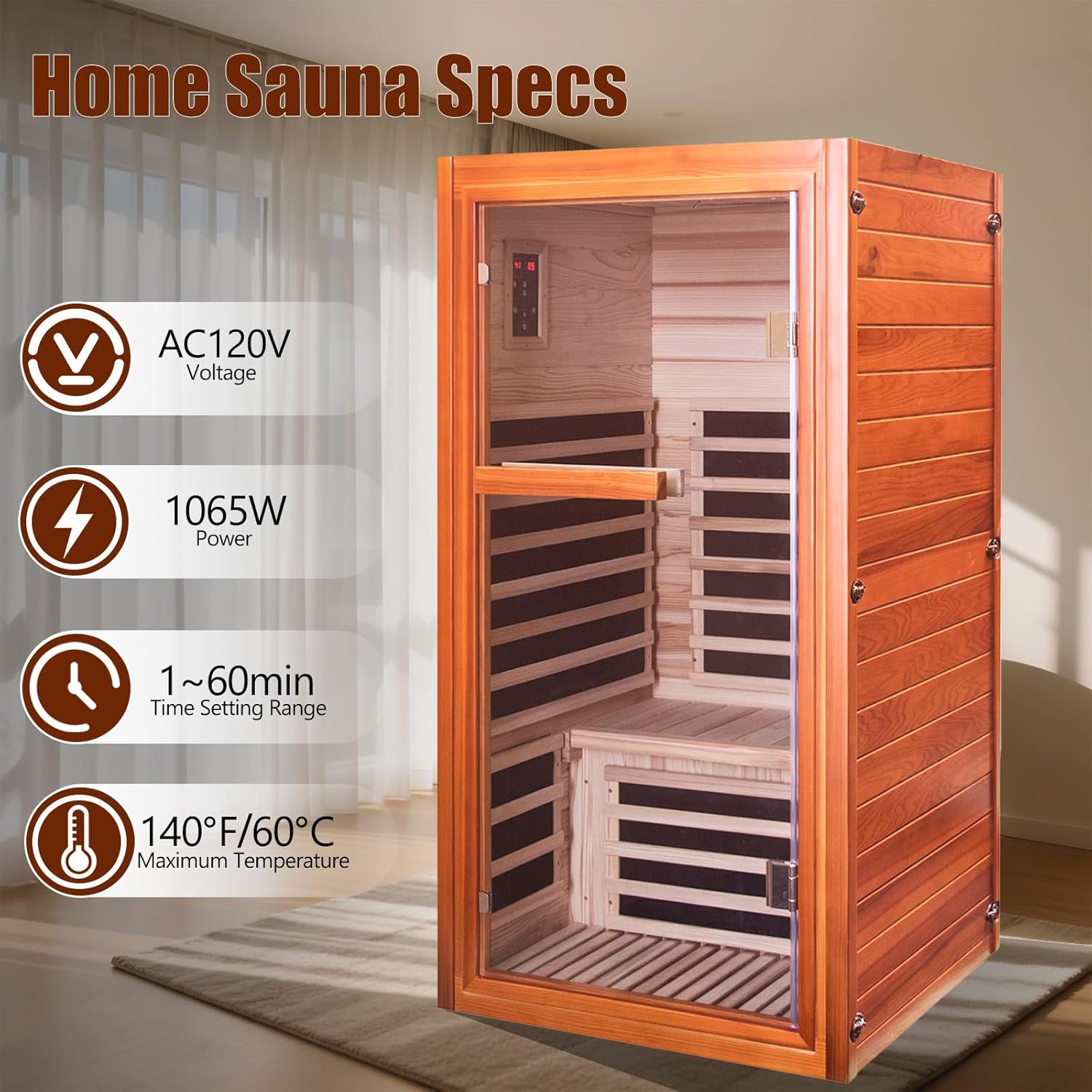 1 Person Infrared Sauna, Compact Indoor Sauna Room, Low EMF Red Cedar Sauna Box, 1065W Wooden Dry Sauna with Red Light Therapy & Bluetooth Speaker for Home & Gym Easy Assembly