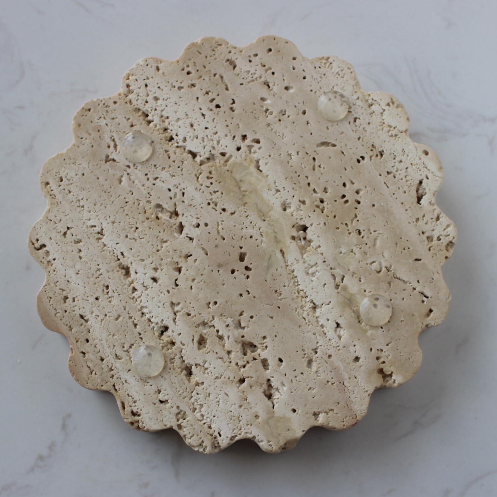 Petit Plateau Rond festonné en marbre Naturel de 16 cm pour Table de Chevet, Commode - Plateau à Bijoux pour Femme (travertin Beige)