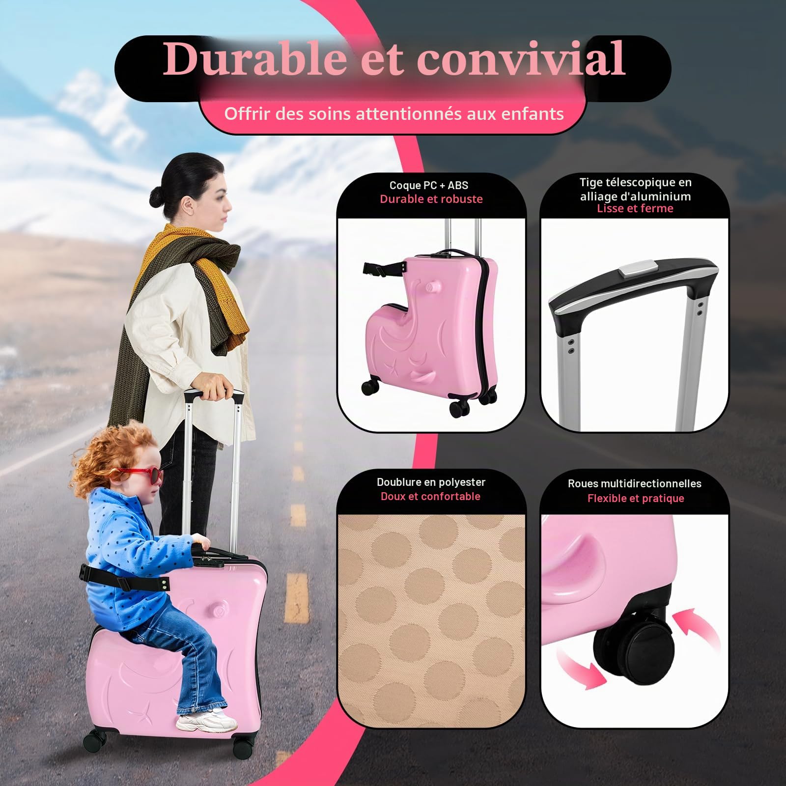 Kids Ride On Suitcase, valise pour enfant avec roulettes, valise pour enfant pour s'asseoir dessus – Particulièrement sûr grâce à la sangle et aux poignées – Chariot pour enfant avec