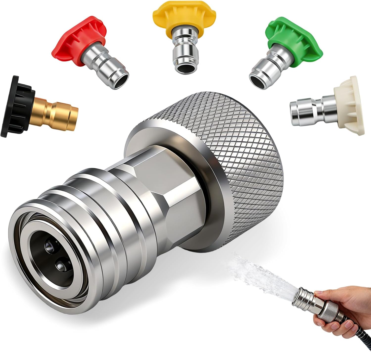 Garden Hose to Mini Power Washer Adapter 3/4" GHT to 1/4" Quick Connect, Stainless Steel,Convert Water Hose to Power Washer Connector,Garden Pressure Washer Attachmen (Connector +5 Nozzle Set)