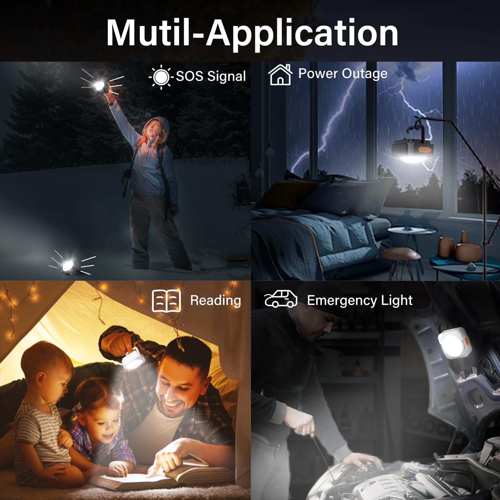 FLY2SKY Lot de 4 lampes de camping portables rechargeables à LED - Équipement de survie - Équipement de camping pour randonnée, randonnée, pêche, ouragan et panne d'urgence
