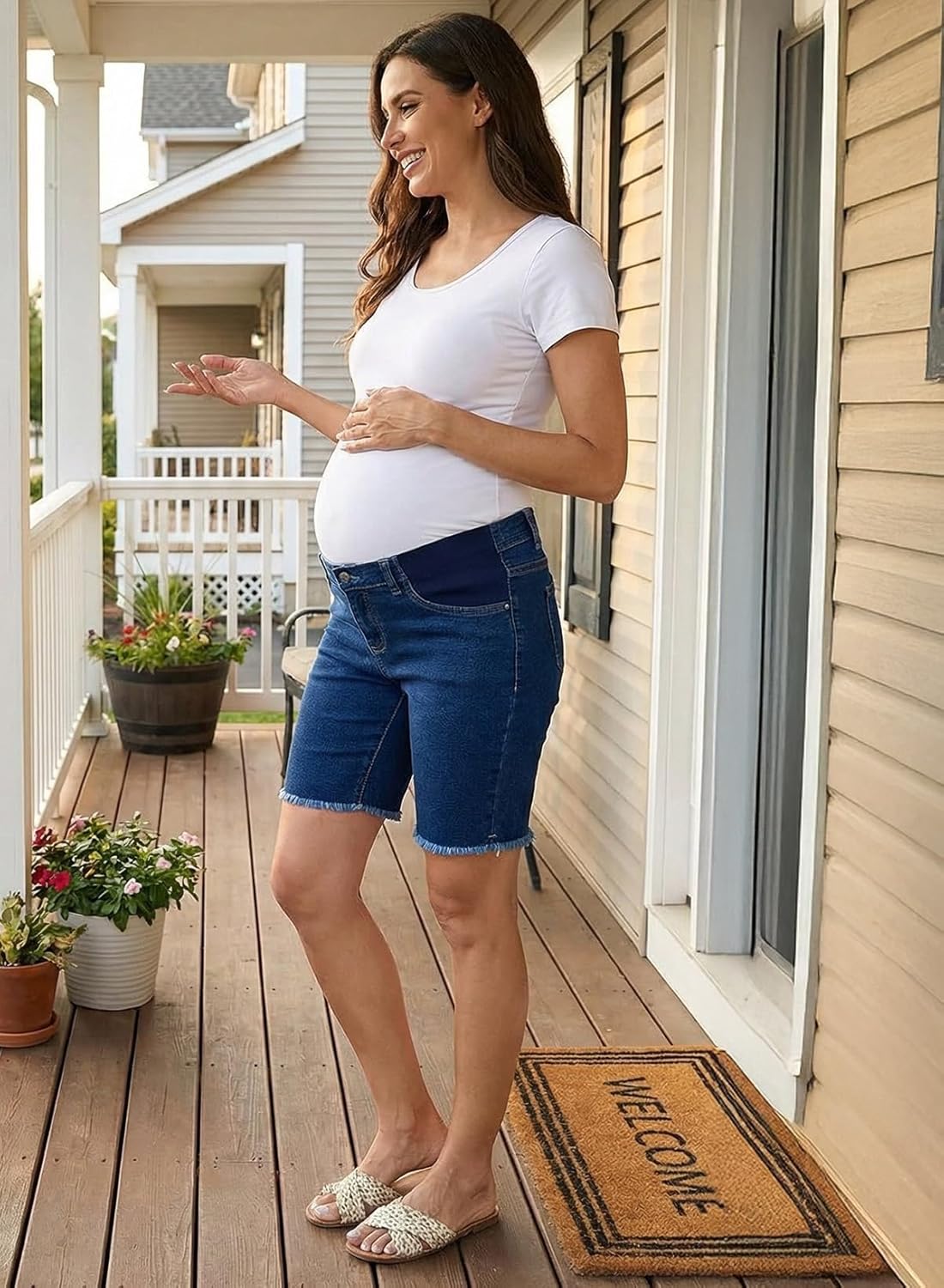 BLENCOT Maternity Jean Shorts Wide Leg Stretchy Plus Size Frayed Jorts Pregnancy Denim with Pockets - Image 3