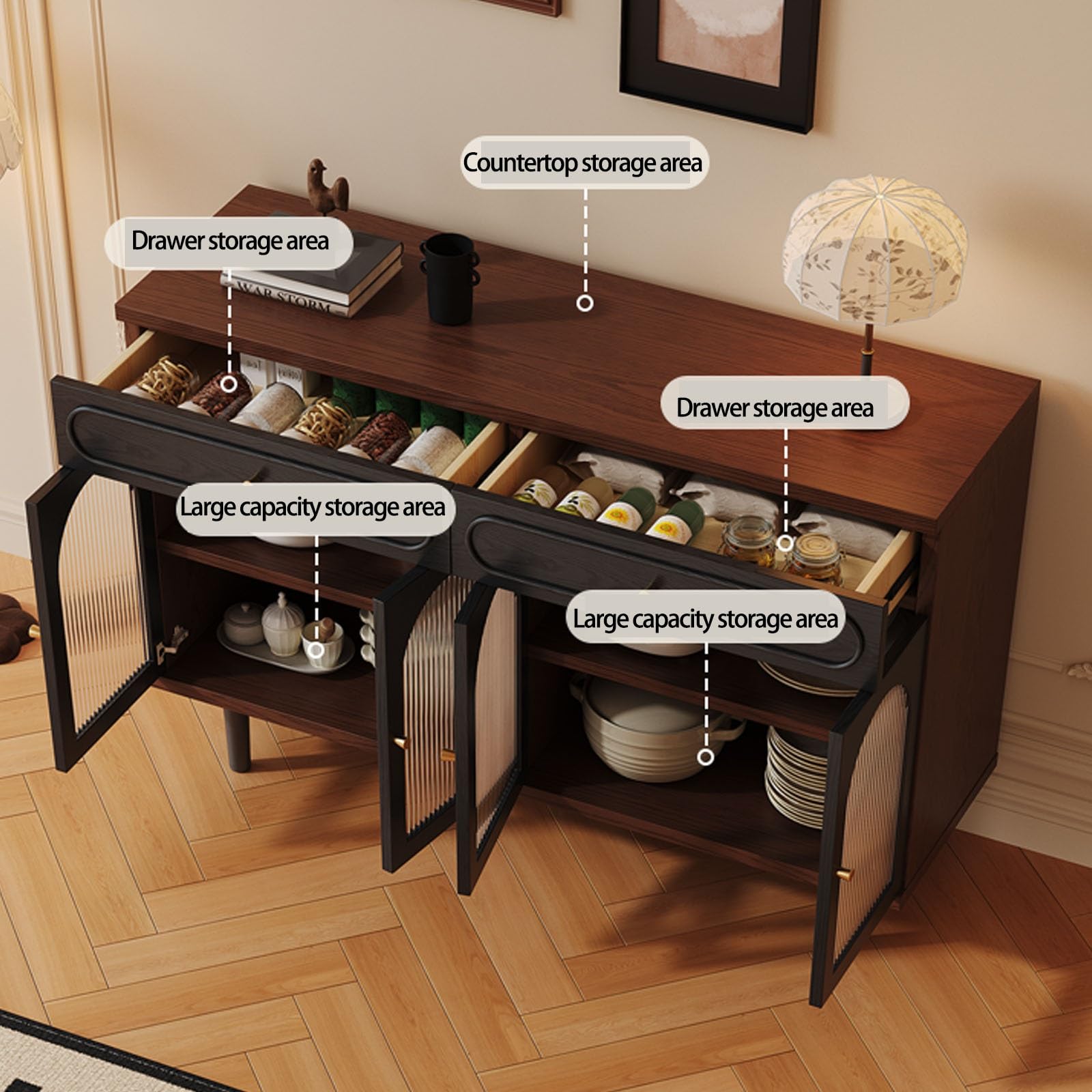 Buffet Cuisine, Meuble de Rangement D'appoint Style Années Portes Vitrées, Vaisselier avec Tiroirs, Grande Table de Bar/Coiffeuse(160cm/63in)