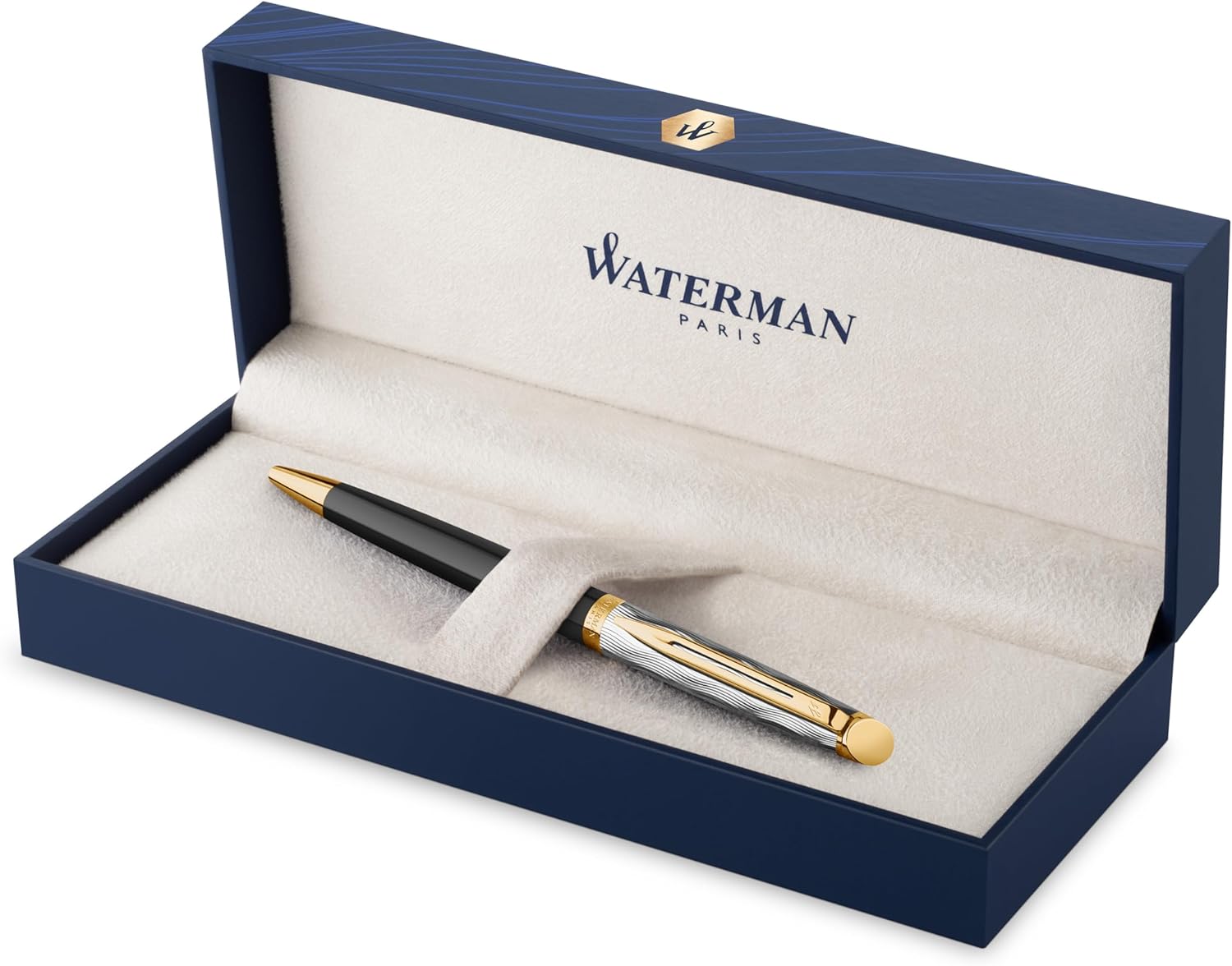Waterman Hémisphère Ballpoint pen | Metal & Black Lacquer with Gold trim & Chiselled cap | Medium tip | Blue Ink | Gift Box
