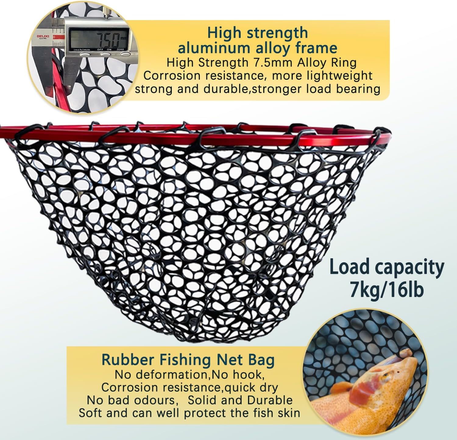 Telescoping Metal Lock Fishing Net with Handle Red Green 64" 52" Rubber Fish Net - Adjustable Length Lightweight Foldable Large Big Collapsible Extendable Fishing Net