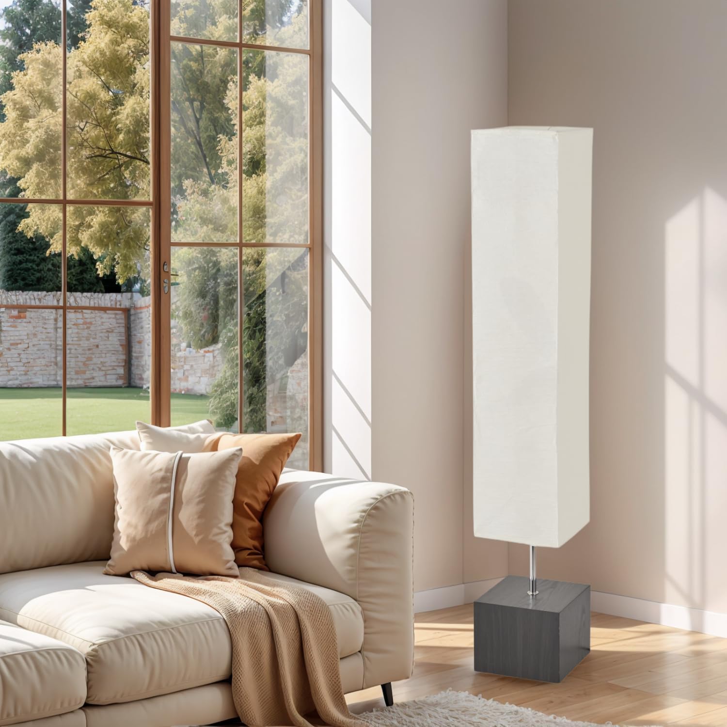 Buu & Morn Modern Floor Lamp with Footswitch, White Paper Shade, Black Wood Base, 57.8 Inch Height, E26 Socket, 120V