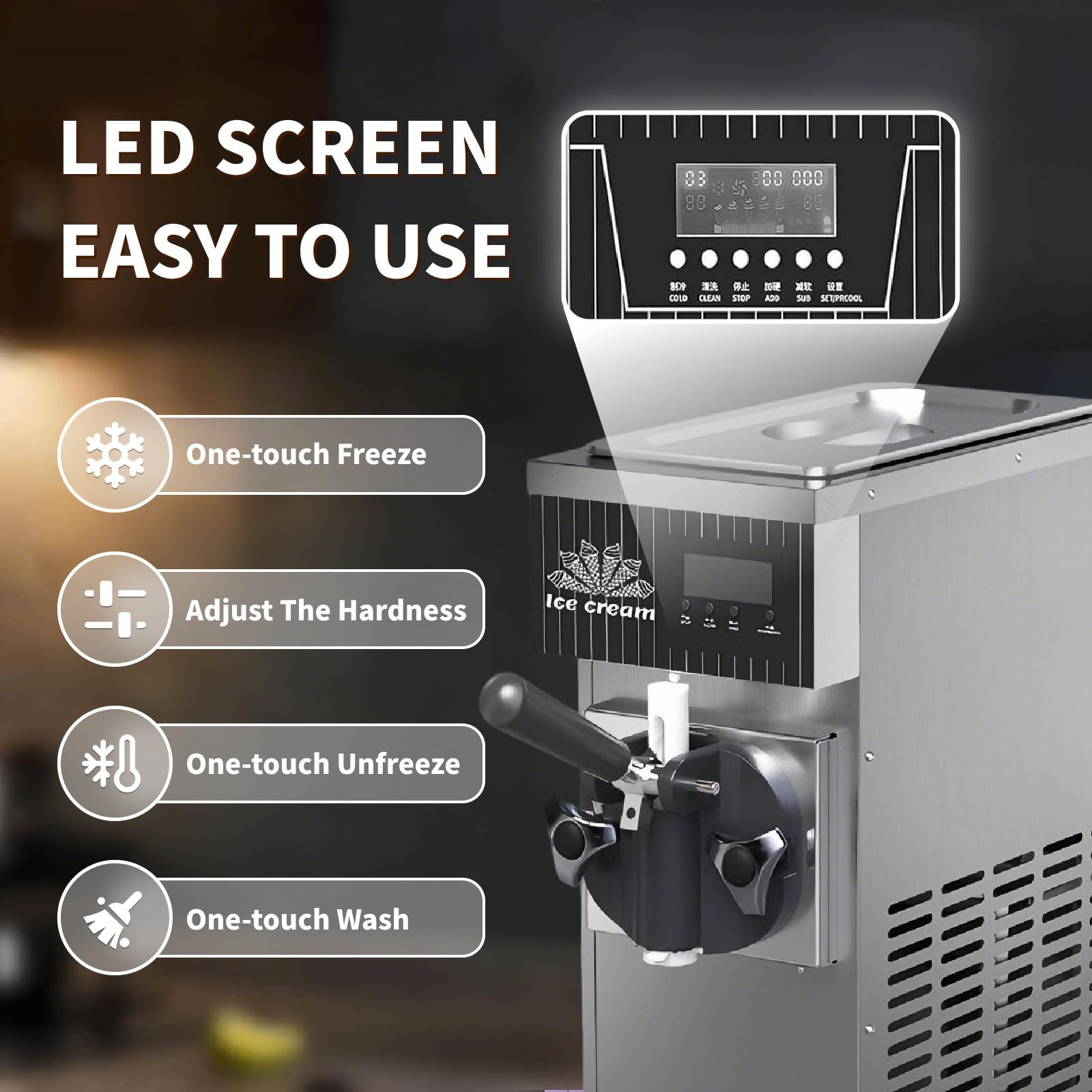 MIAOXIAOLONG Machine à Glace à L'italienne pour La Maison, Modèle De Comptoir, Une Seule Saveur, Rendement De 4 à 5 Kg/H, Refroidissement Rapide, Nettoyage en Un Clic, écran LCD StainlessSteel