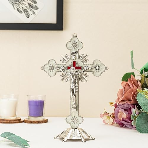 Miniatura 2 de Calculs Cruz de mesa de metal con crucifijo de Jesús para decoración del hogar, cruz católica para oraciones cristianas, Jerusalén, 8 pulgadas, plata