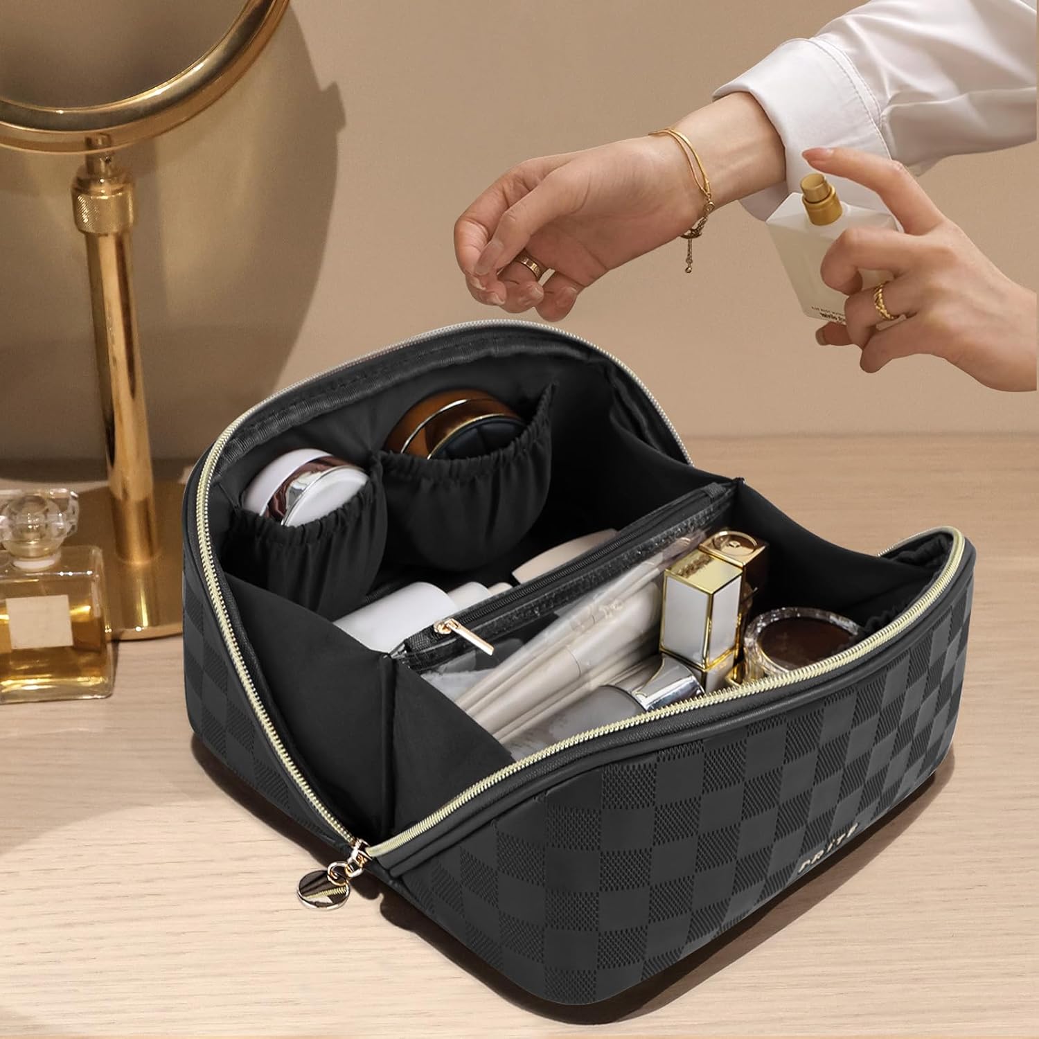 Prite Makeup Bag for Women Travel Waterproof Vegan Leather Cosmetic Bag Open Flat Toiletry Bag With Clear Divider and Handle (Plaid Black) - Image 7