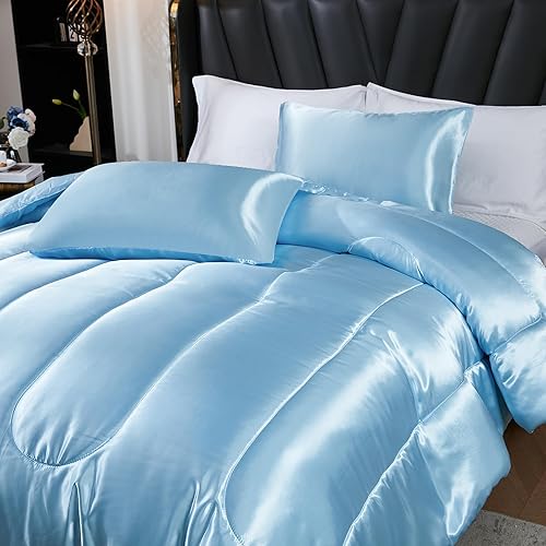 Miniatura 6 de Juego de edredón blanco de satén, edredón de plumón alternativo blanco plateado, relleno de poliéster sedoso de lujo, edredón de cama de satén de
