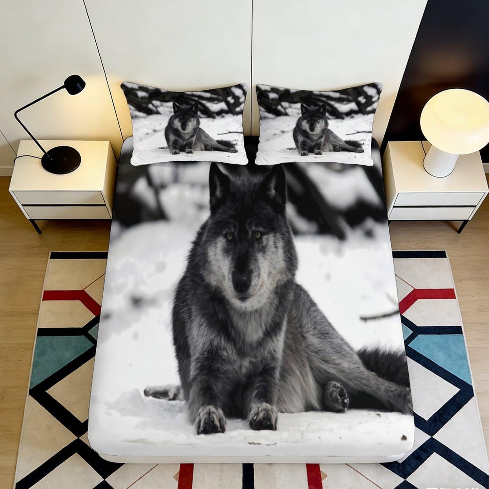 3D Printed Black Wolf Fitted Sheet Microfiber Soft Breathable Snow Animal Bed Cover for Bedroom Dormitory Guest Room Mattress Protection Decor 160x200x25cm