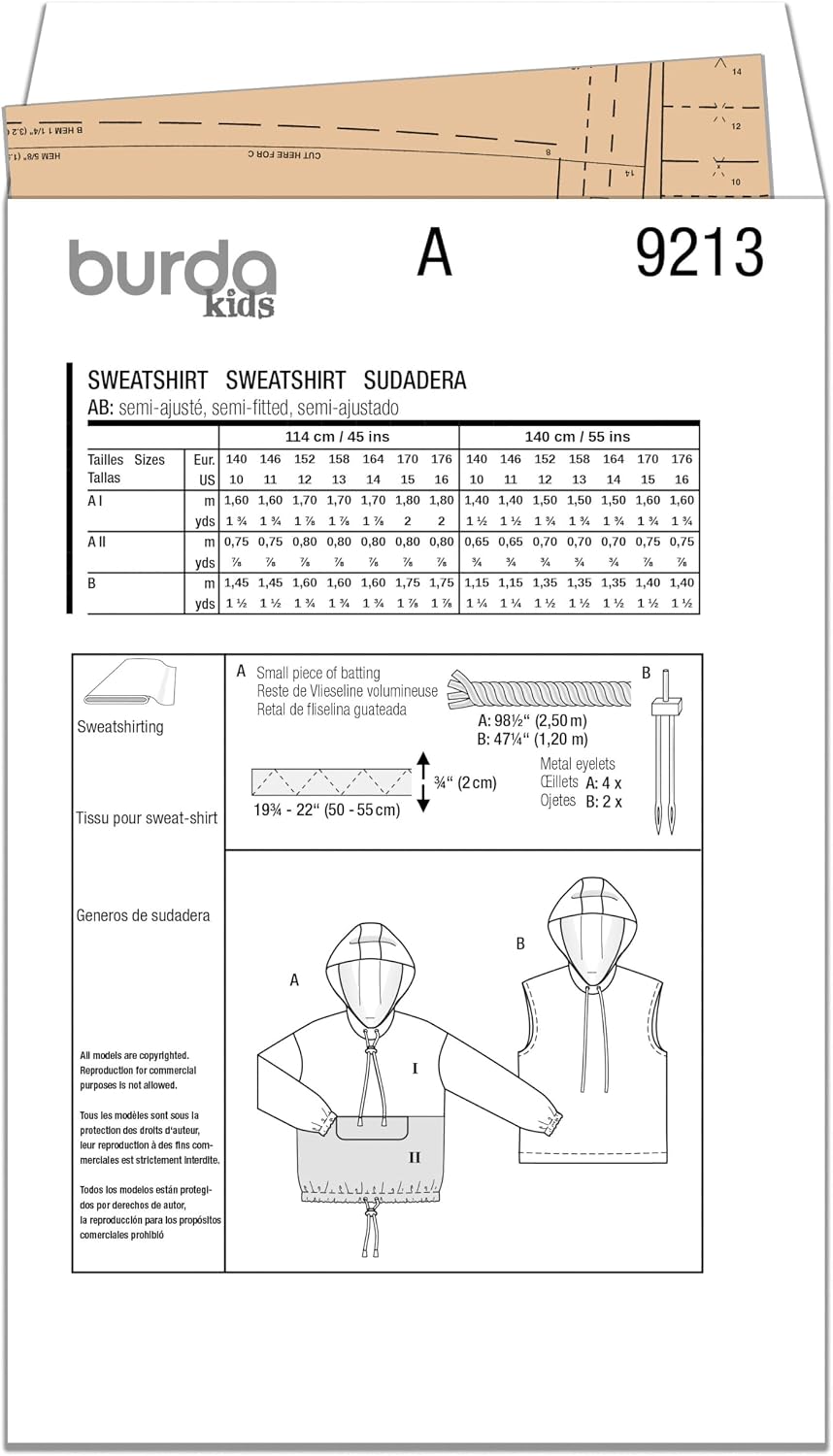 Burda X09213BURDA Children's Relaxed Fit Sweatshirt Sewing Pattern Packet, Design Code B9213, Sizes 10-16 (140-176)