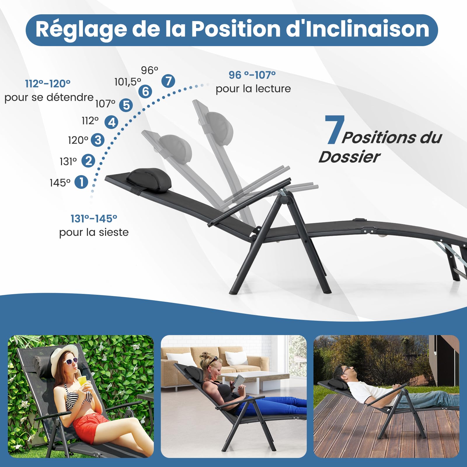 GOPLUS Transat Jardin Exterieur Pliante avec Dossier Réglable à 7 Niveaux, 142 x 61 x 103 CM, Bain de Soleil avec Accoudoir, Repose-tête, Charge 150 KG, Idéal pour Piscine, Jardin, Terrasse (Noir)