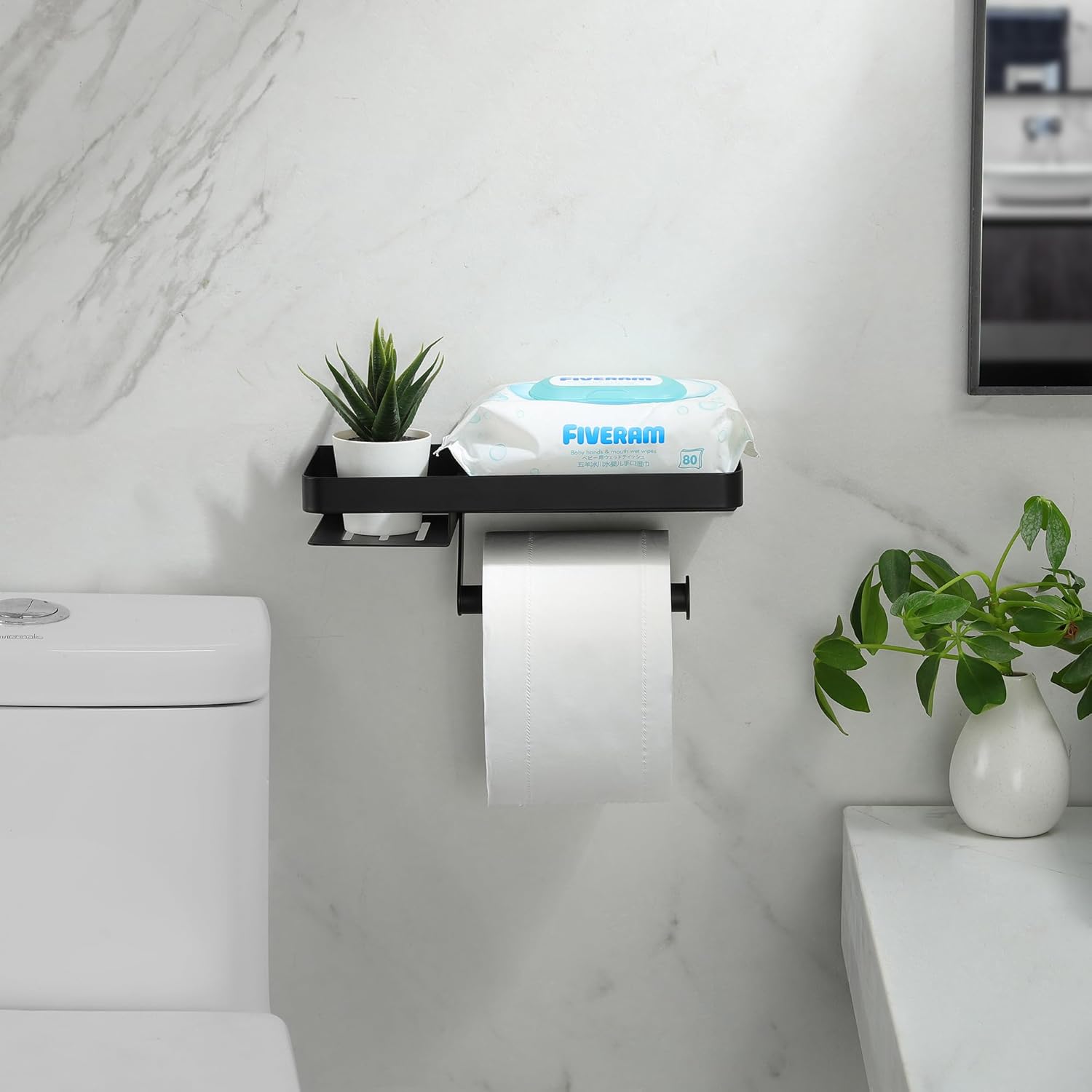 Toilet Paper Holder - Modern Luxury 304 Stainless Steel Rustproof Wall Mount Roll Holders, Matte Black for Master Bathroom/Small Space, Anti-Slip Shelf Holds Phone, Wipes & Small Items