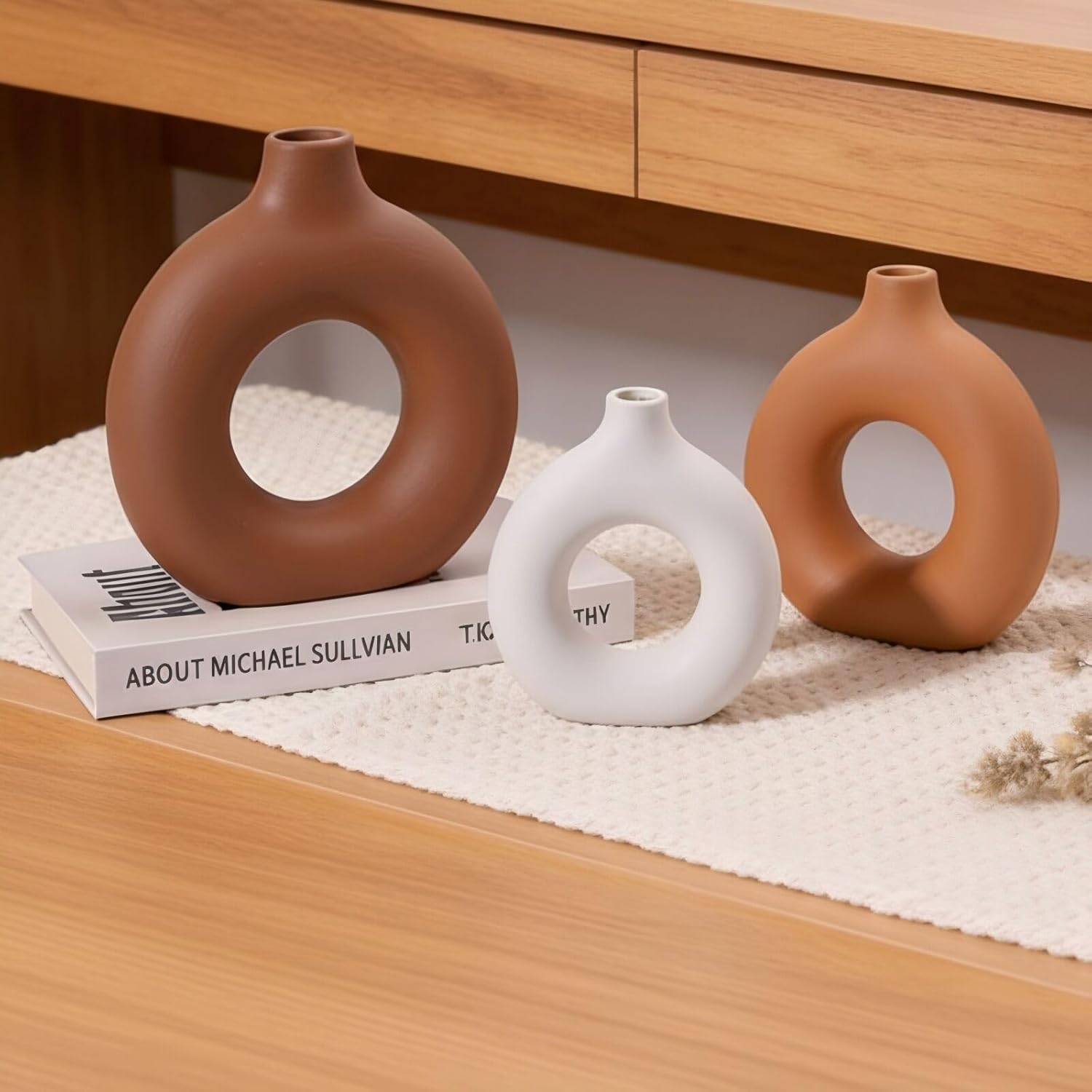 Ceramic Vases Set of 3 Home Decor- Modern Farmhouse, Boho, Aesthetic Brown/White Flower Vase for Living Room Shelf Entry Way Table Centerpiece Decorations (Brown)