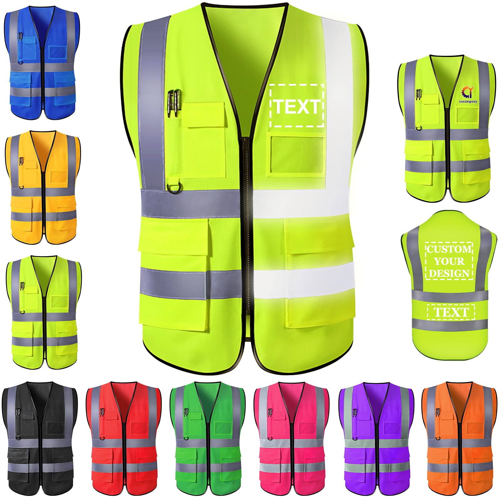 Farmelov Custom Safety Vest for Men with Logo Pockets Personalized High Visibility Protective Workwear with Reflective Strip