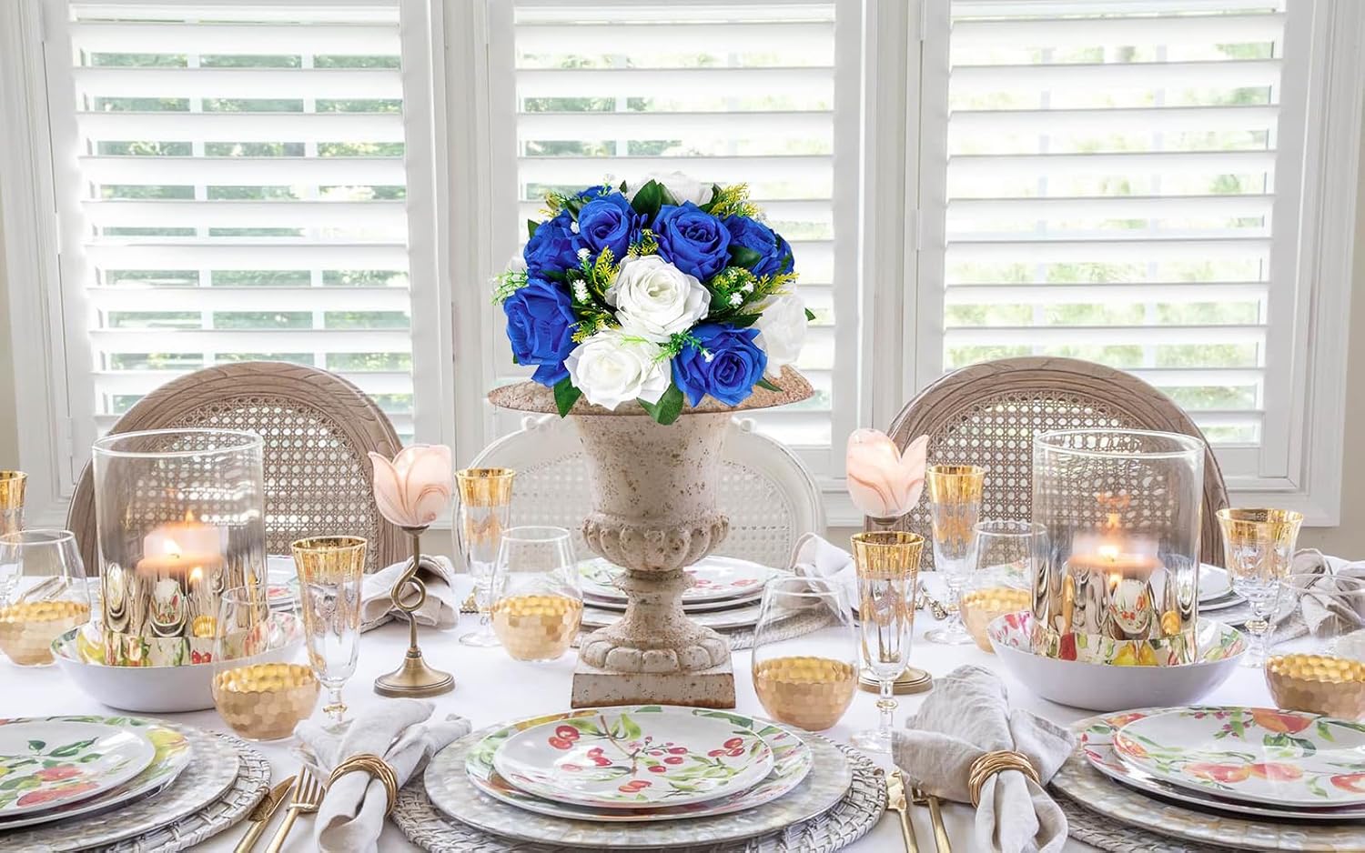 Briful Artificial Flower Balls for Tables Centerpieces – 2PCS 8.6" Silk Rose Floral Arrangement with Plastic Base Fake Floral Bouquet for Wedding Parties Baby Showers DIY Event Home Decor(Blue White)