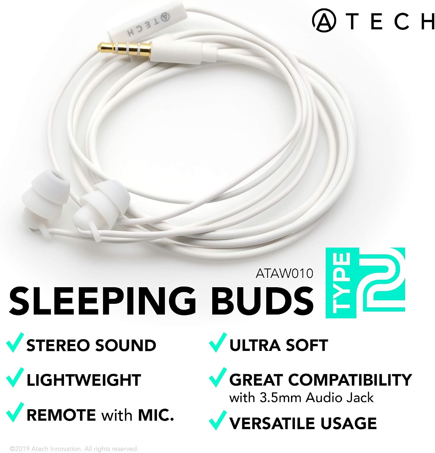 ATECH Ultra Flexible Silicon Sleeping Earbuds with Microphone Earplugs for ASMR, Insomnia, Snoring, Air Travel, Relaxation, Binaural, White