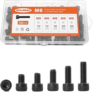 M8 x 10mm 12mm 16mm 20mm 25mm Hex Socket Head Cap Screws Bolts 12.9 Grade Alloy Steel Metric, Black Oxide Finish, Allen Hex Drive, Machine Fully Threaded, Assortment Kit 50PCS