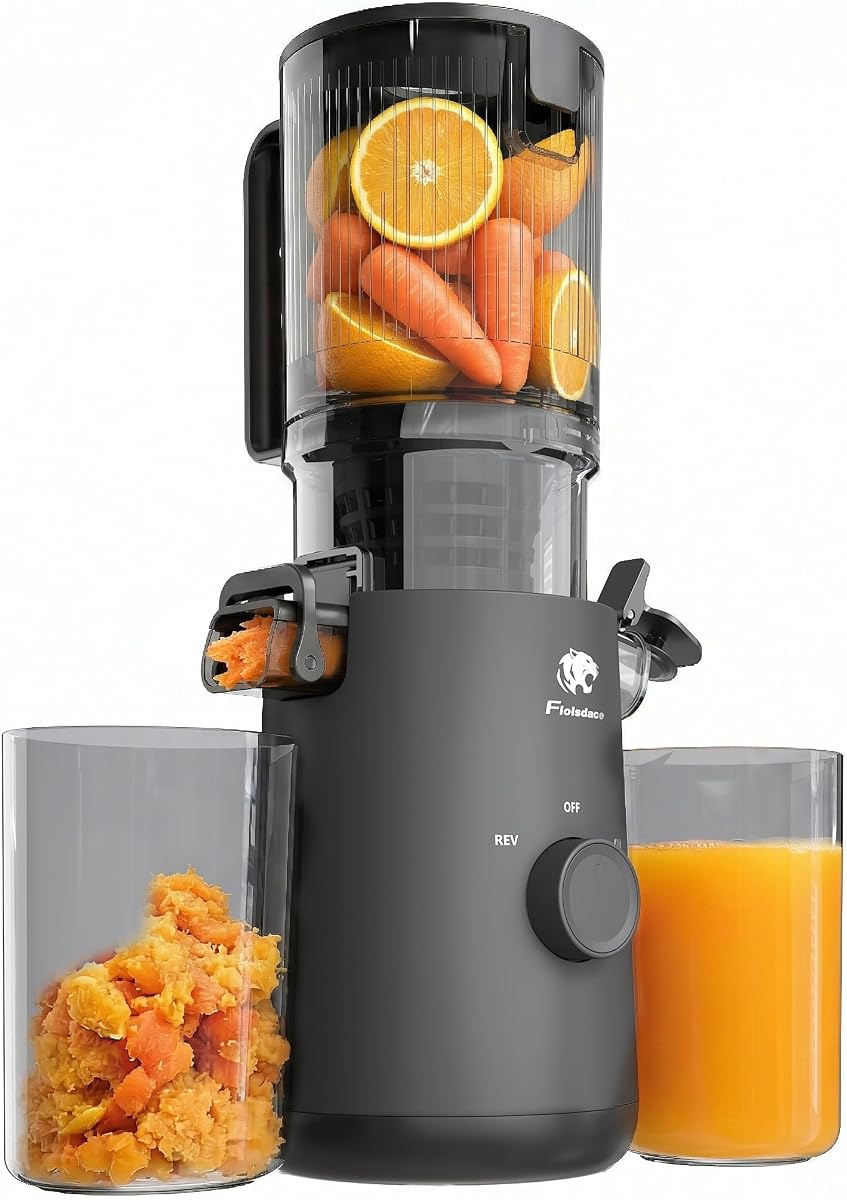 Máquinas exprimidoras, exprimidor de prensa en frío con conducto de alimentación extra grande de 5,3 pulgadas y potente motor sin escobillas de CA para frutas y verduras enteras, alto rendimiento de jugo, sin BPA, un colador de reemplazo adicional
