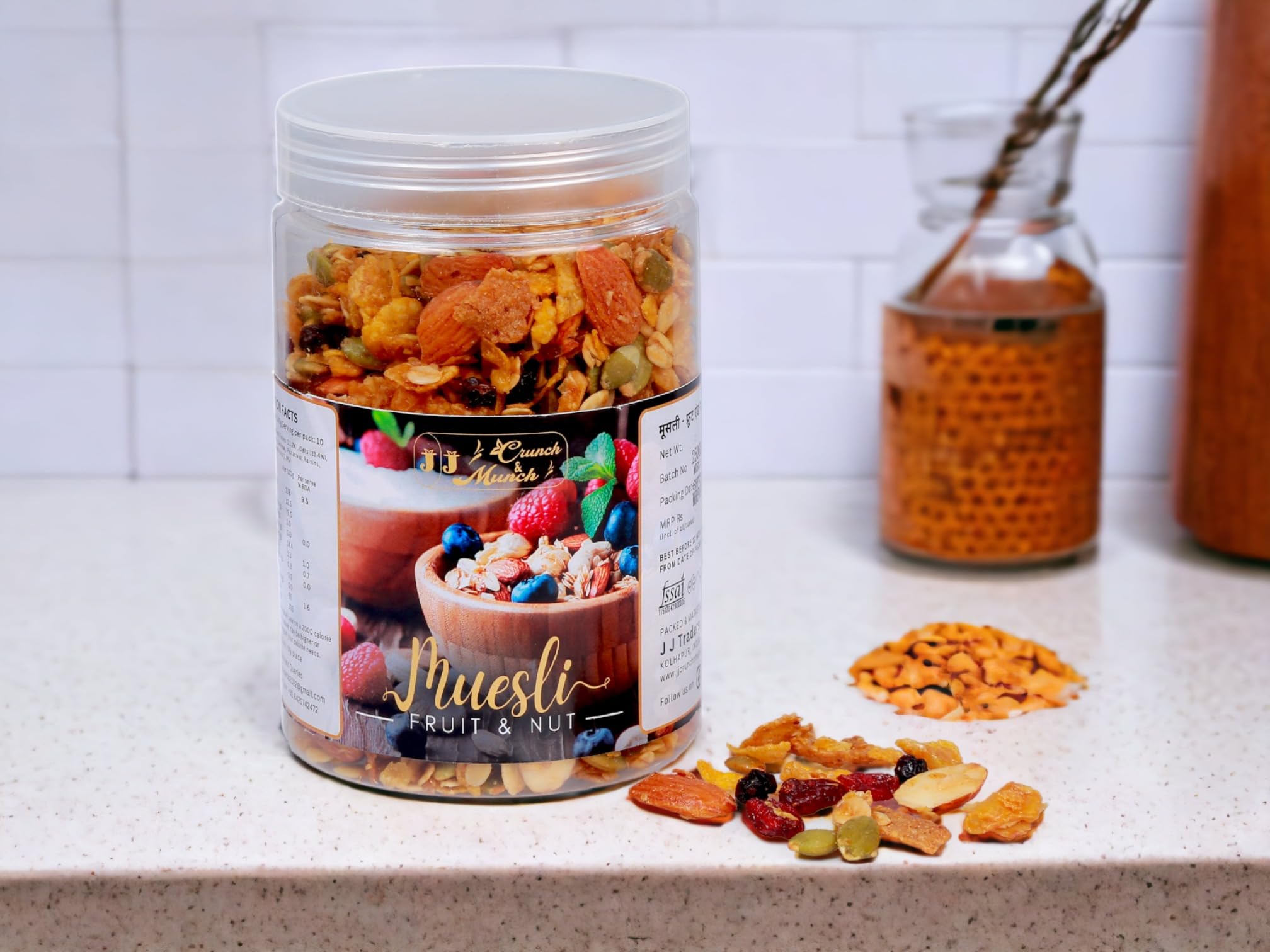 J J Crunch N Munch Muesli 21% Fruit, Nut & Seeds(Each 250g) 5 Grains, High in Vitamins B1, B2, B3, B6, Folate, Source of Protein and Fibre, Multigrain Breakfast Cereal (Pack of 1) 1