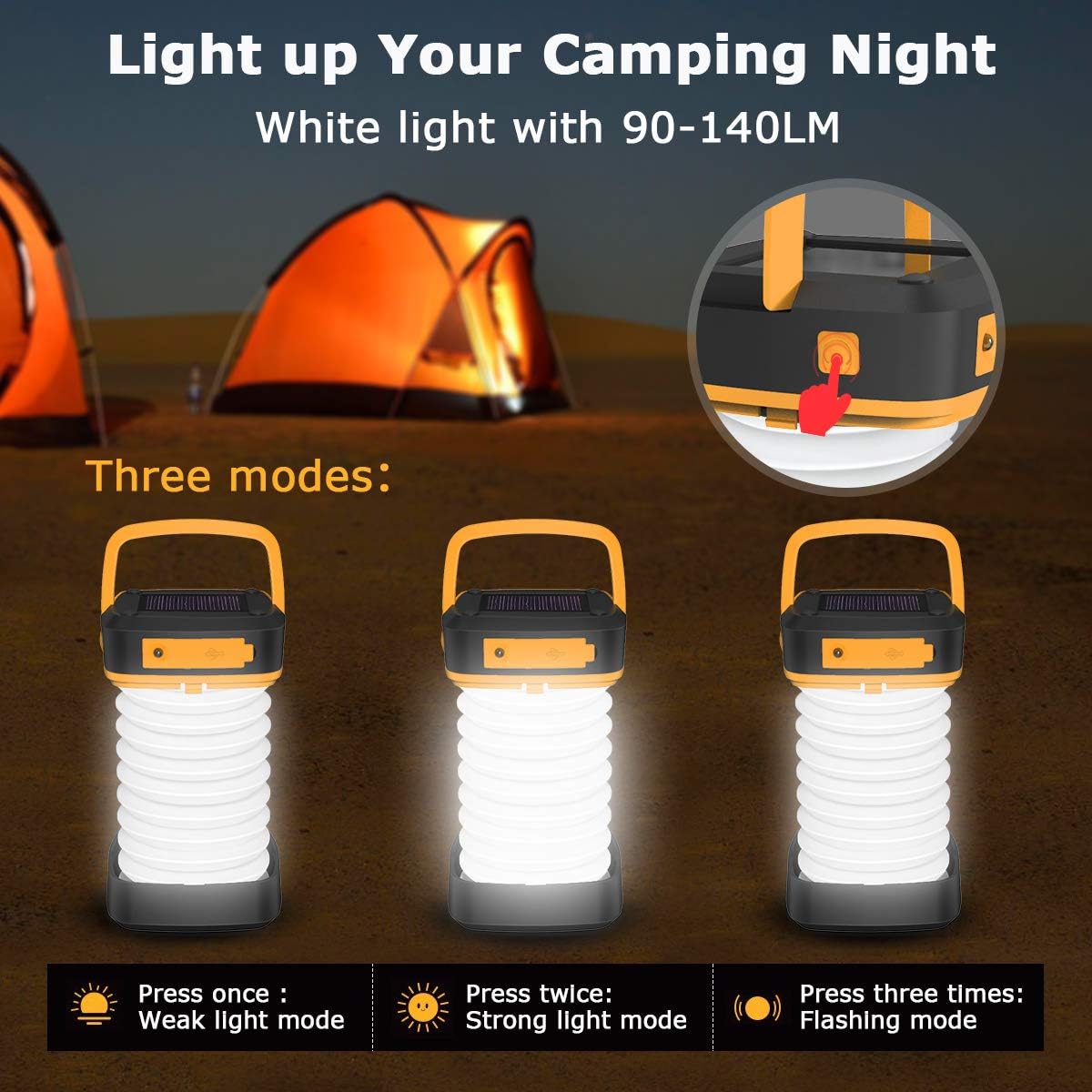 Quntis Portable LED Camping Lantern, Solar Powered or USB Rechargeable Lanterns with 3 Lighting Modes, Collapsible Mini Flashlight Emergency Power Bank for Camping Hiking Fishing Tent (Incl. Bracelet)