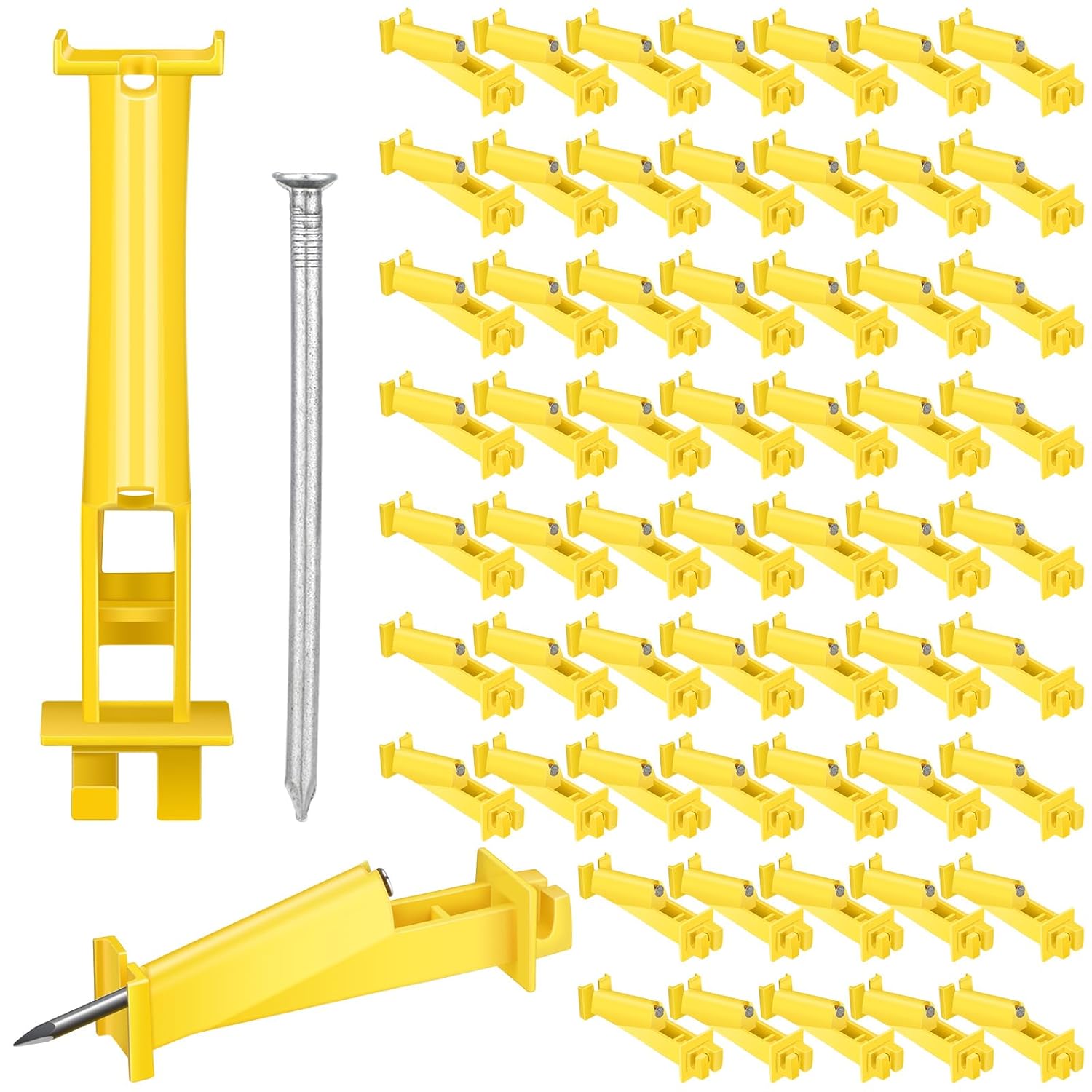 Tandefio 50 Pcs Electric Fence Insulator 5 Inch Slant Nail Wood Post T Post Yellow Nail on Insulator for Pet Animal Fence Heavy- Duty Fencing Wire (Yellow)