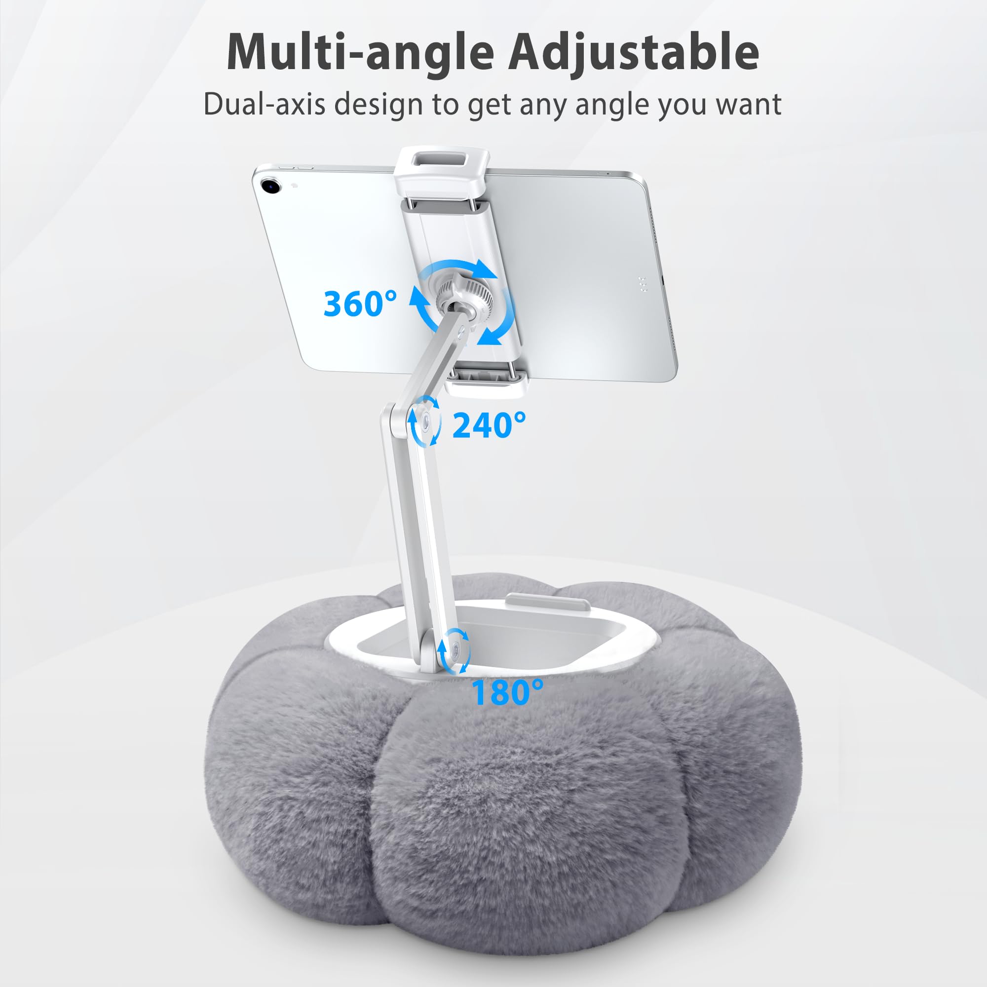 CreaDream Pumpkin - Supporto per cuscino da tablet per Kindle, regolabile, con ciotola per snack rimovibile, compatibile con tablet da 4,7"-13", iPad, iPhone, Samsung Tabs, grigio