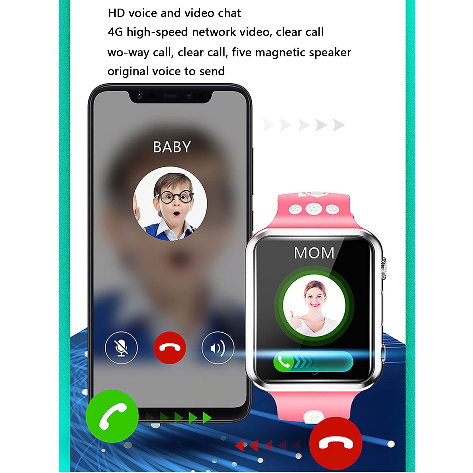 JUSHZ Inteligentny zegarek dla mężczyzn, inteligentne zegarki dla kobiet, smartwatch dla dzieci, z funkcją połączenia, dla dzieci, 4G, połączenie wideo, WiFi, internet, GPS, Czarny, 47.5x40x15mm, pasek