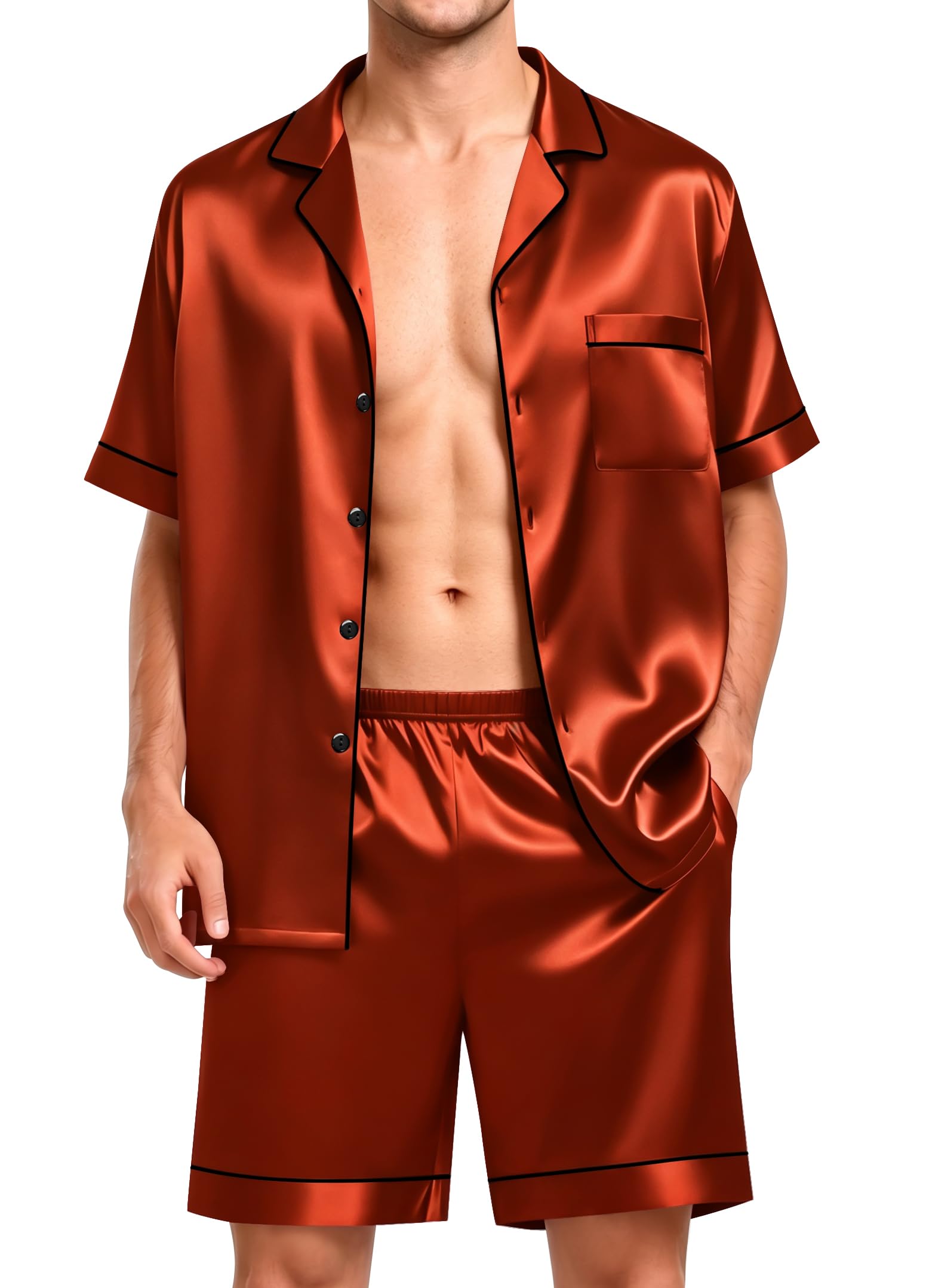 SWOMOG Men Satin Silk Pajamas Sets Short Sleeve Sleepwear Button-Down PJs Sets Two-Pieces Loungewear with Pockets
