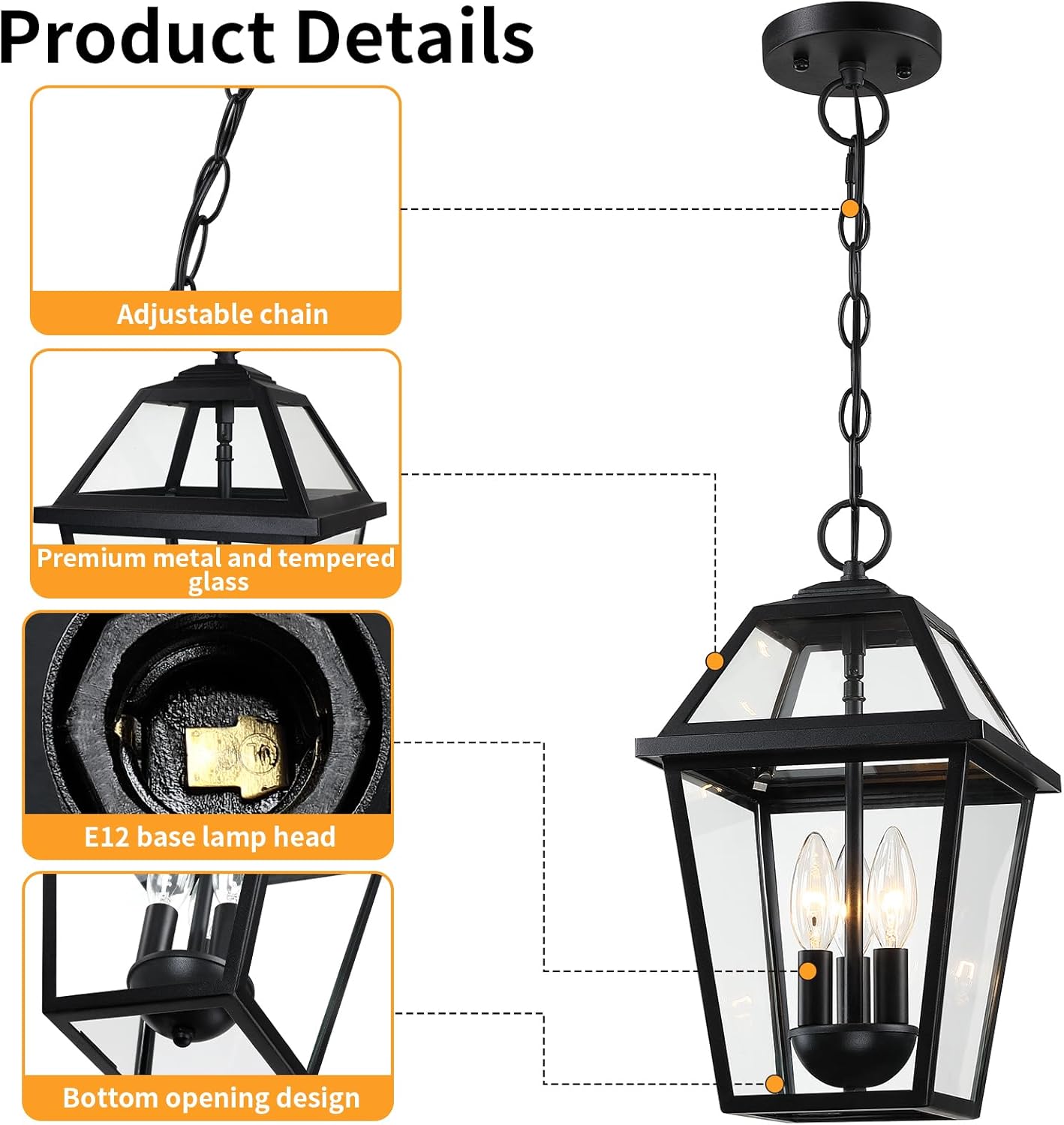 Modern 3-Light Large Outdoor Pendant Light for Porch, 16" Matte Black Exterior Hanging Light Fixture, IP65 Waterproof Anti-Rust Outdoor Lantern for Front Door, Balcony and Sloped Ceiling